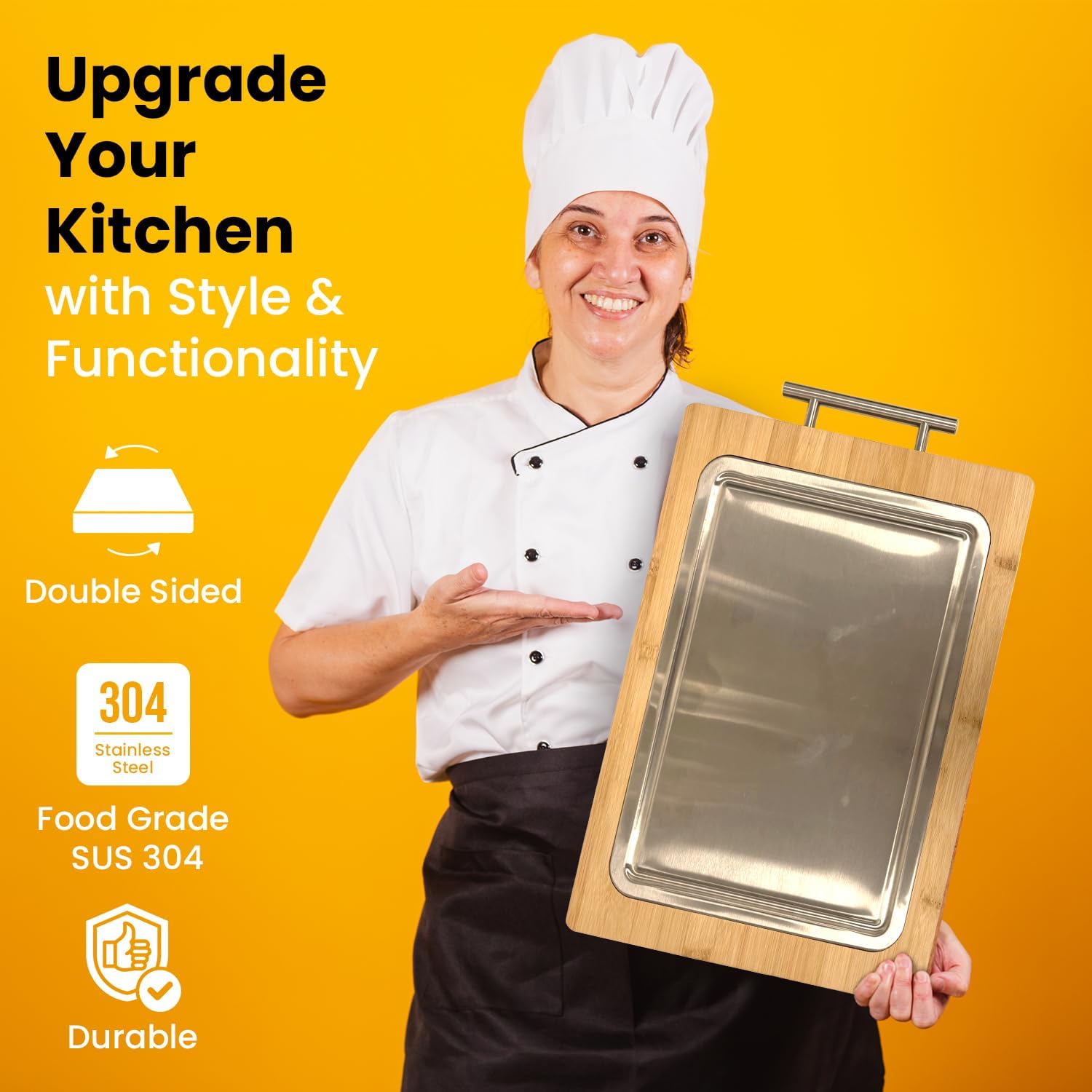 2-in-1 Bamboo Cutting Board With Handle, Double Sided Stainless Steel Cutting Boards With Juice Groove, Large Meat Cutting Board, Wood Cutting Boards For Kitchen, 16.9 x11.8 in - Image 7