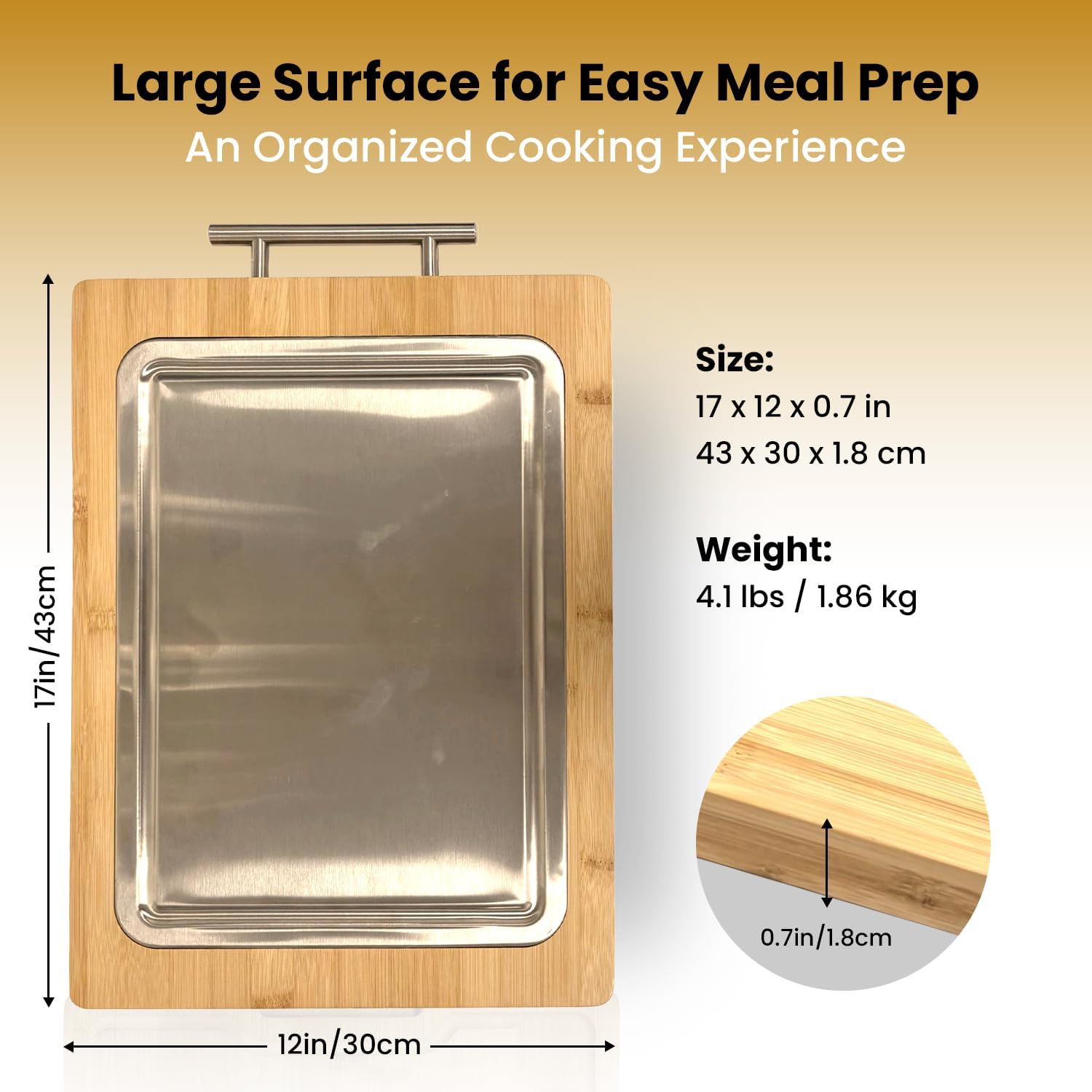 2-in-1 Bamboo Cutting Board With Handle, Double Sided Stainless Steel Cutting Boards With Juice Groove, Large Meat Cutting Board, Wood Cutting Boards For Kitchen, 16.9 x11.8 in - Image 2