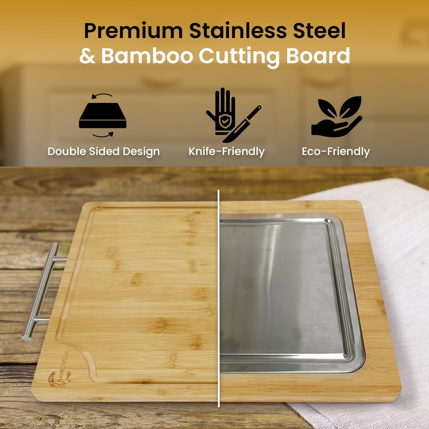 2-in-1 Bamboo Cutting Board With Handle, Double Sided Stainless Steel Cutting Boards With Juice Groove, Large Meat Cutting Board, Wood Cutting Boards For Kitchen, 16.9 x11.8 in - Image 4