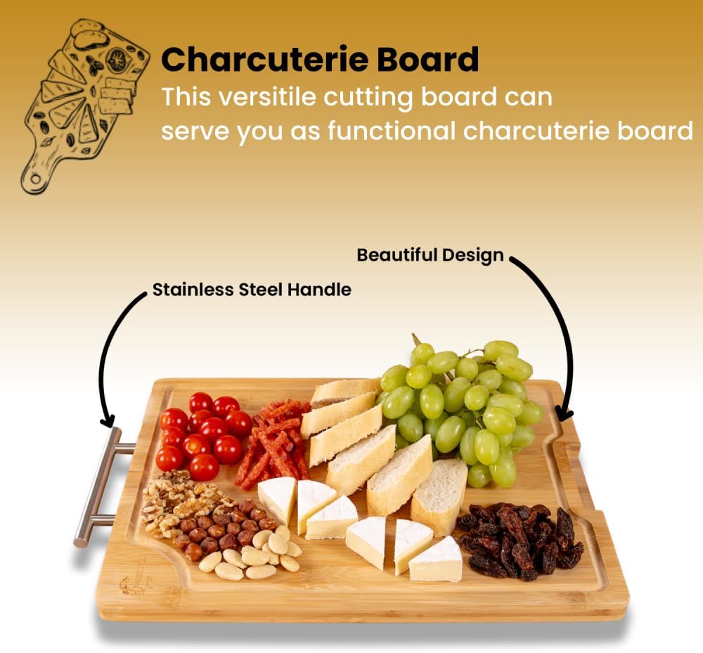 2-in-1 Bamboo Cutting Board With Handle, Double Sided Stainless Steel Cutting Boards With Juice Groove, Large Meat Cutting Board, Wood Cutting Boards For Kitchen, 16.9 x11.8 in - Image 5