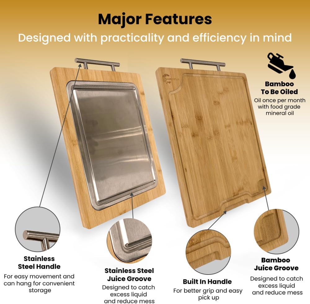2-in-1 Bamboo Cutting Board With Handle, Double Sided Stainless Steel Cutting Boards With Juice Groove, Large Meat Cutting Board, Wood Cutting Boards For Kitchen, 16.9 x11.8 in - Image 3