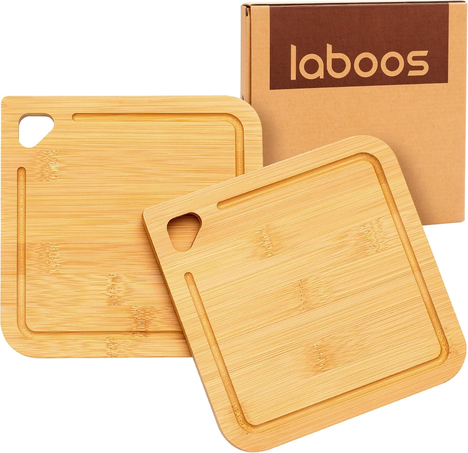 2-Pack Small Bamboo Cutting Boards with Juice Groove | 7x7 Inch Mini Chopping Boards for Fruit, Cheese, Baby Food, Dorm & Travel | Lightweight & Compact Square Wood Board Set