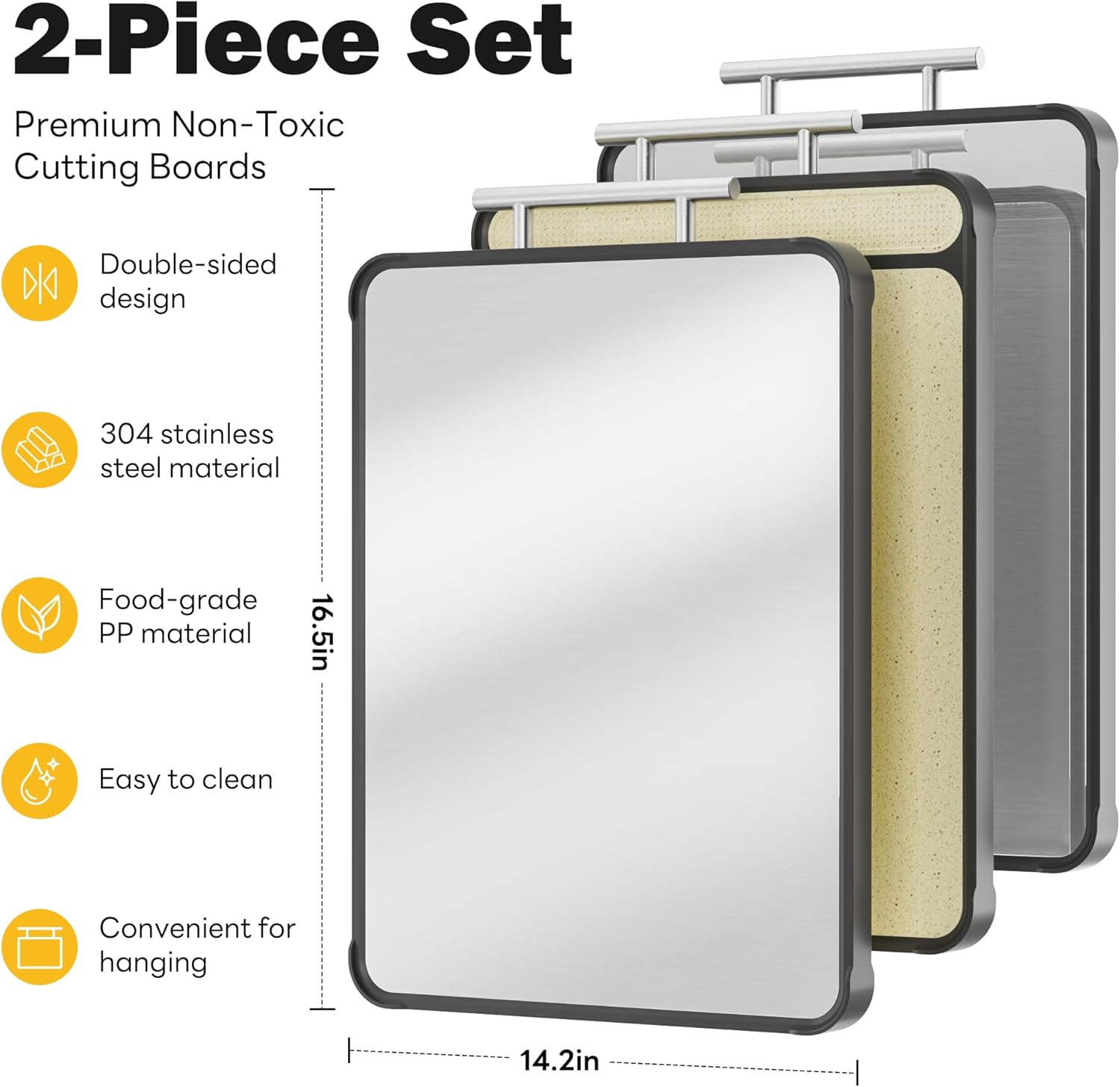 2 Pack Stainless Steel Cutting Board Set, Large Cutting Boards for Kitchen, Double Sided Meat Chopping Board with Handle, Non Toxic Wheat Straw PP/Dishwasher Safe/Food-Grade (16×11 In) - Image 3