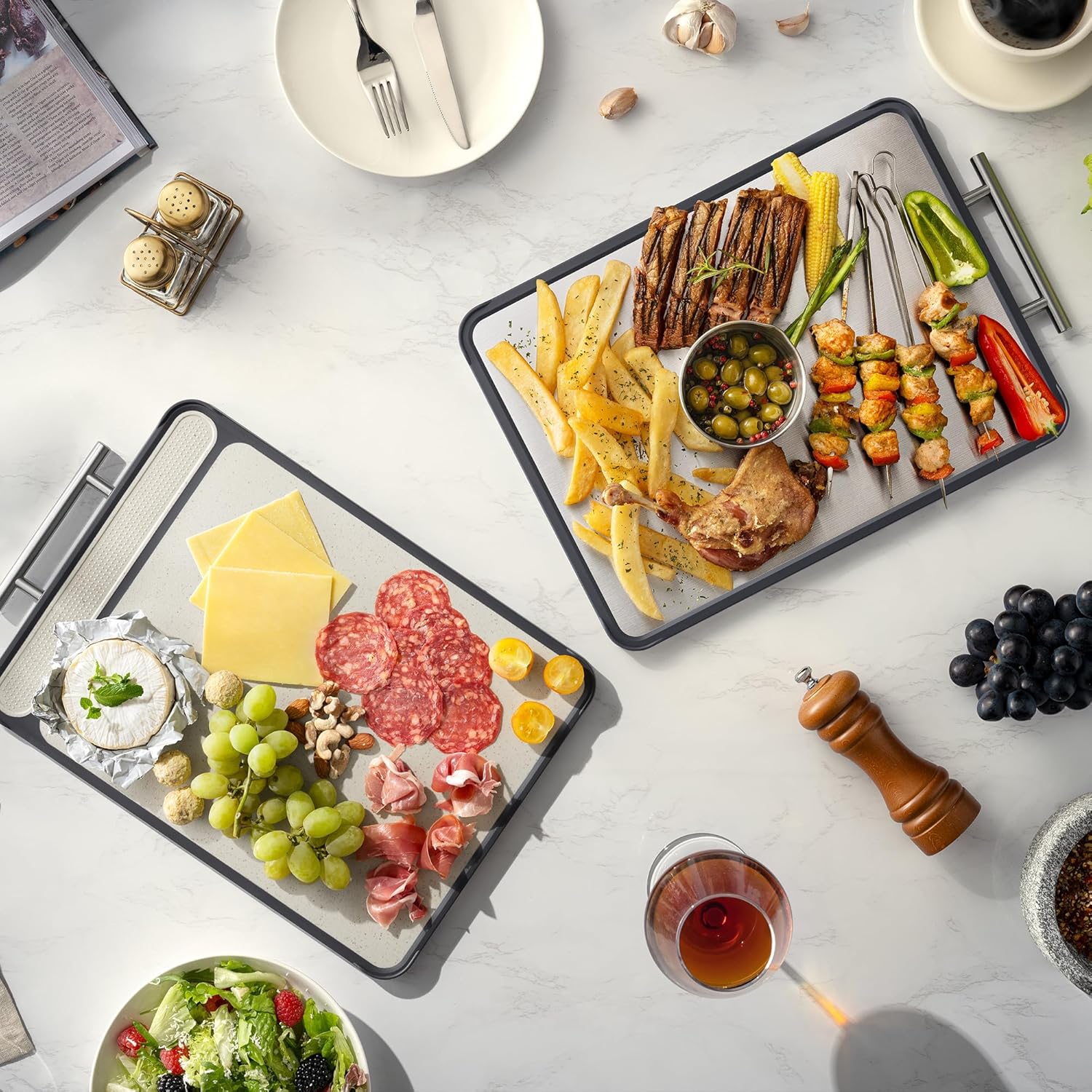 2 Pack Stainless Steel Cutting Board Set, Large Cutting Boards for Kitchen, Double Sided Meat Chopping Board with Handle, Non Toxic Wheat Straw PP/Dishwasher Safe/Food-Grade (16×11 In) - Image 6