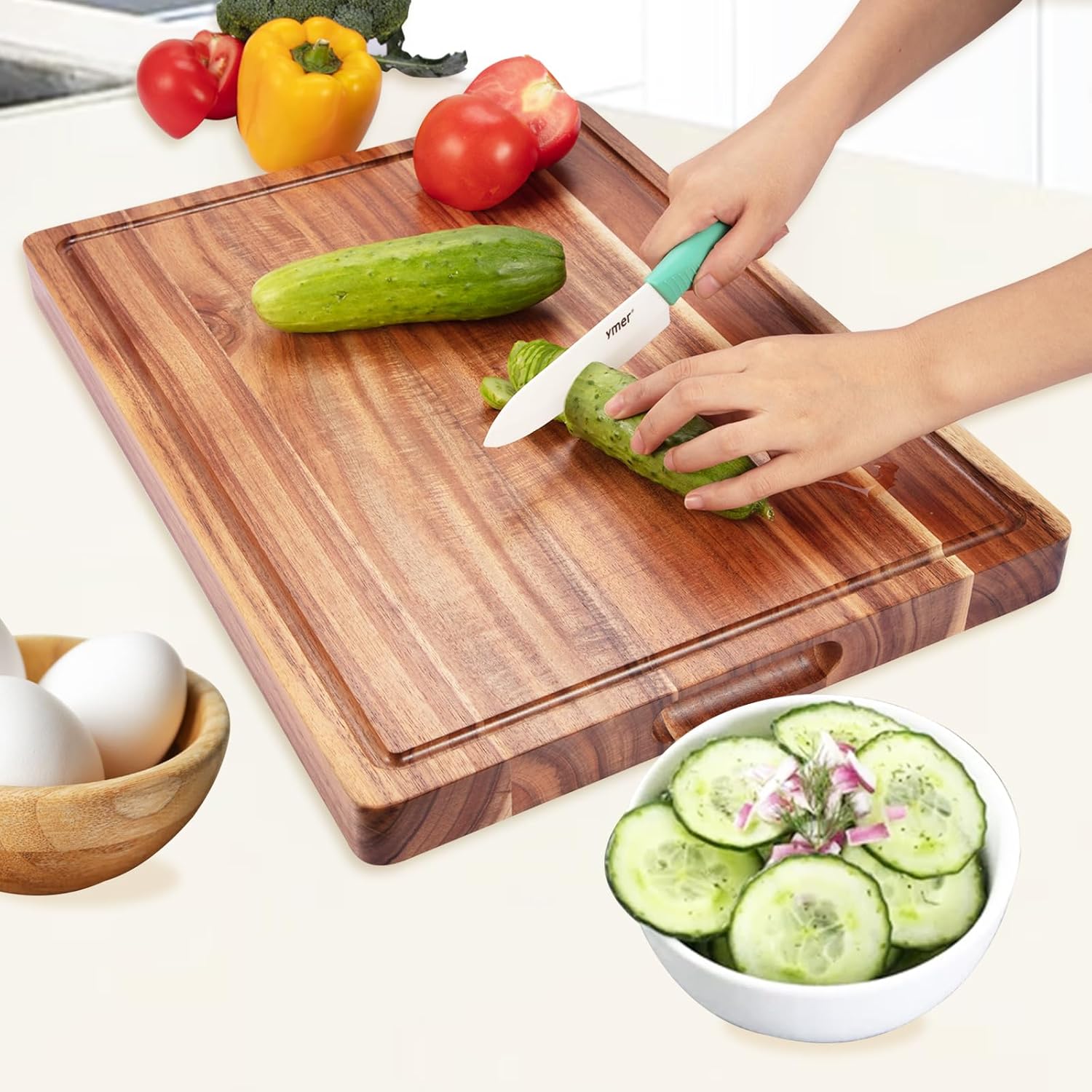 20 Inch Large Acacia Wood Cutting Board 1.5" Thick, Reversible Wooden Cutting Board for Kitchen, Charcuterie Board Cheese Board with Deep Groove, Chopping Board for Meat, Vegetables, Fruit - Image 2