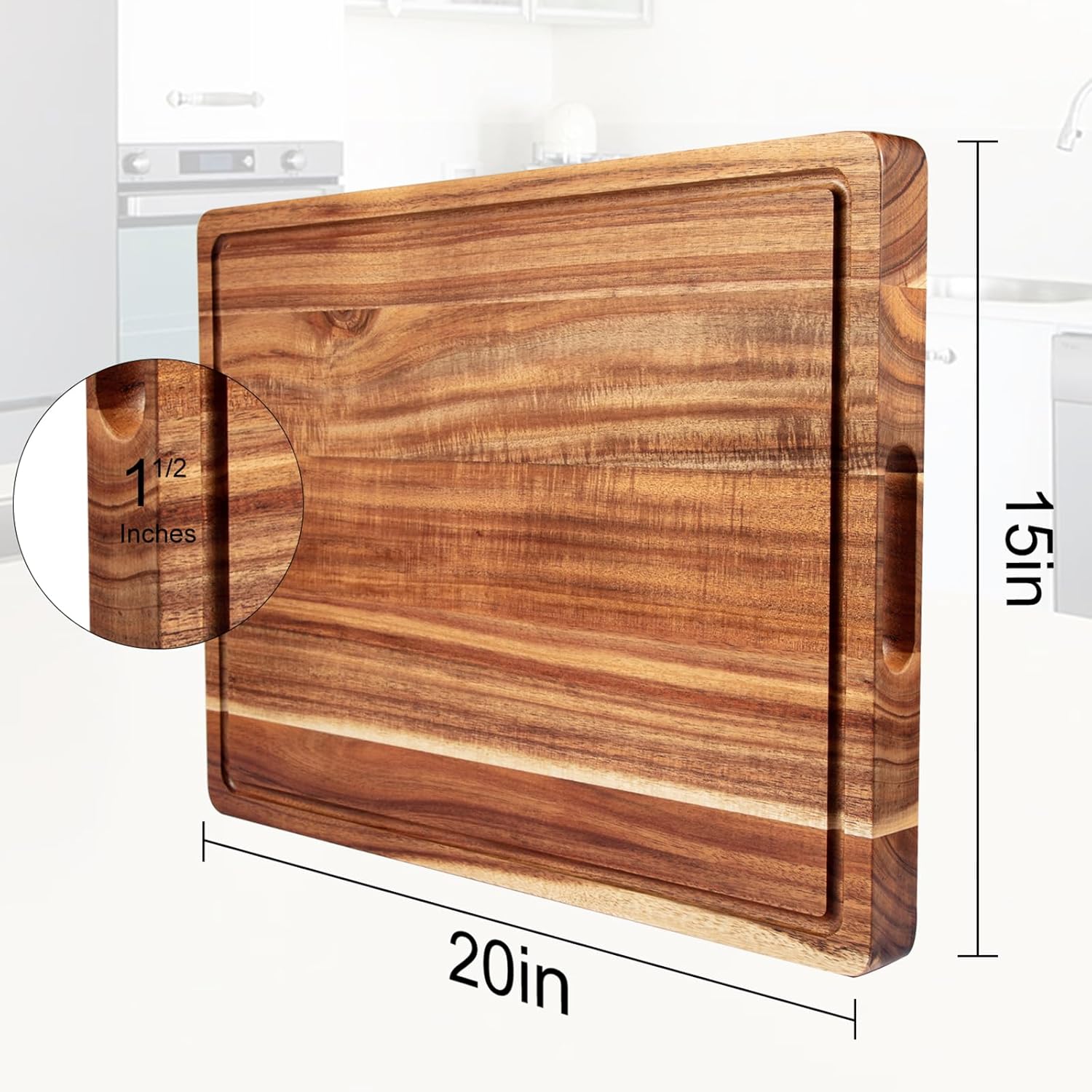 20 Inch Large Acacia Wood Cutting Board 1.5" Thick, Reversible Wooden Cutting Board for Kitchen, Charcuterie Board Cheese Board with Deep Groove, Chopping Board for Meat, Vegetables, Fruit - Image 3