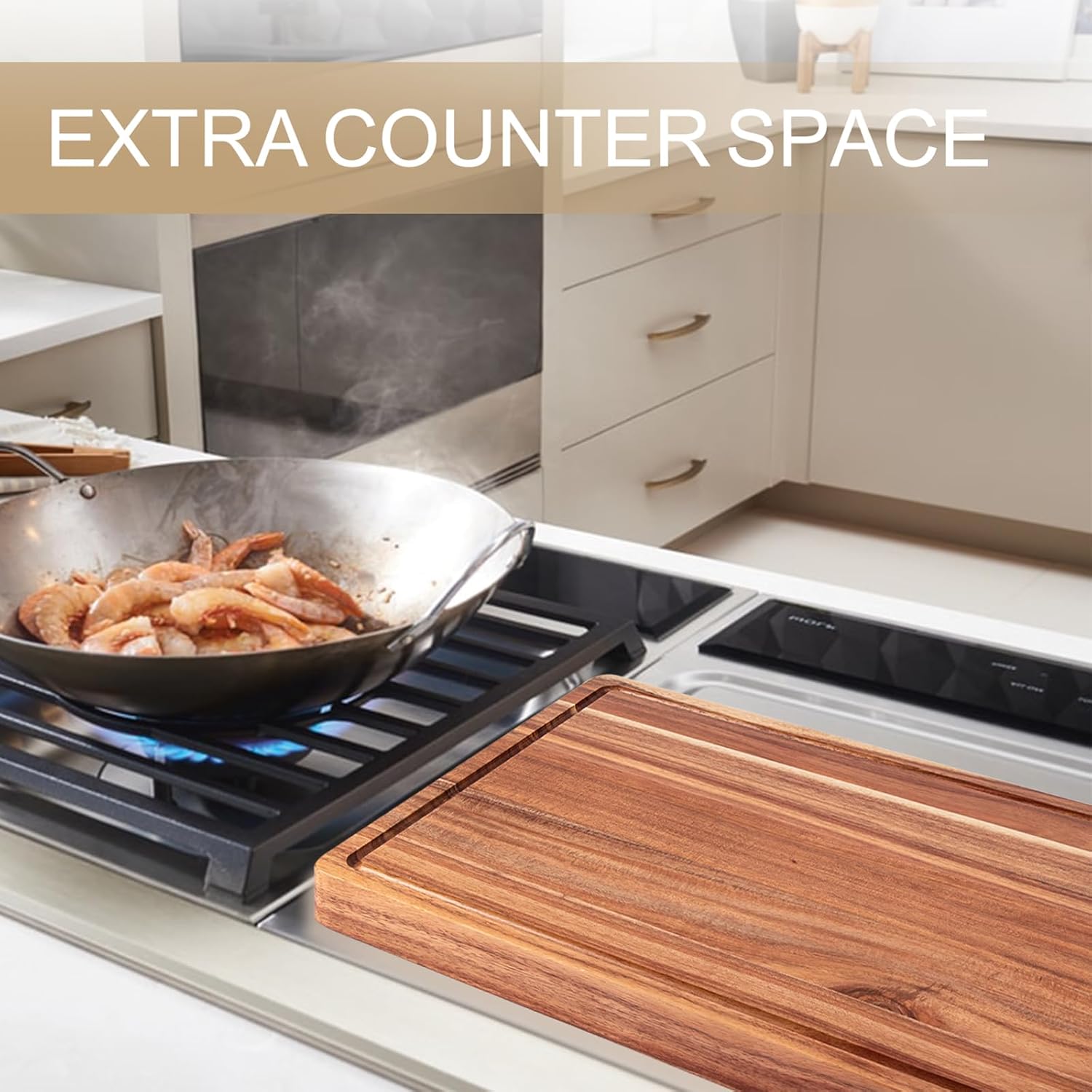 20 Inch Large Acacia Wood Cutting Board 1.5" Thick, Reversible Wooden Cutting Board for Kitchen, Charcuterie Board Cheese Board with Deep Groove, Chopping Board for Meat, Vegetables, Fruit - Image 5