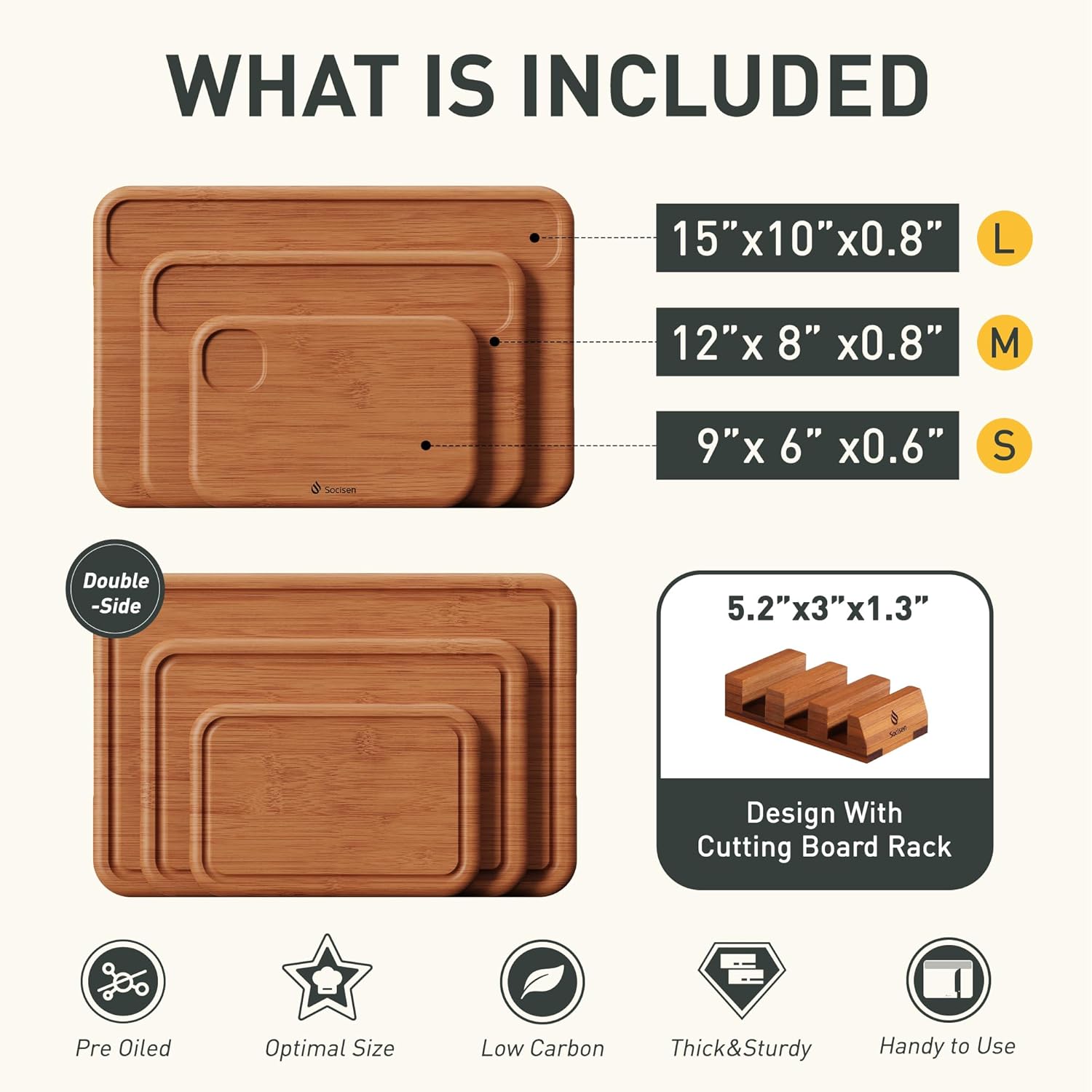 3 Packs Bamboo Cutting Board Set with Holder Nice Solid Thick Wood Deep Juice Groove & Built-in Handles Chopping Board Large Big Small Best Hardwood Kitchen Counter Organic Vegetable Meat BBQ Kit - Image 3