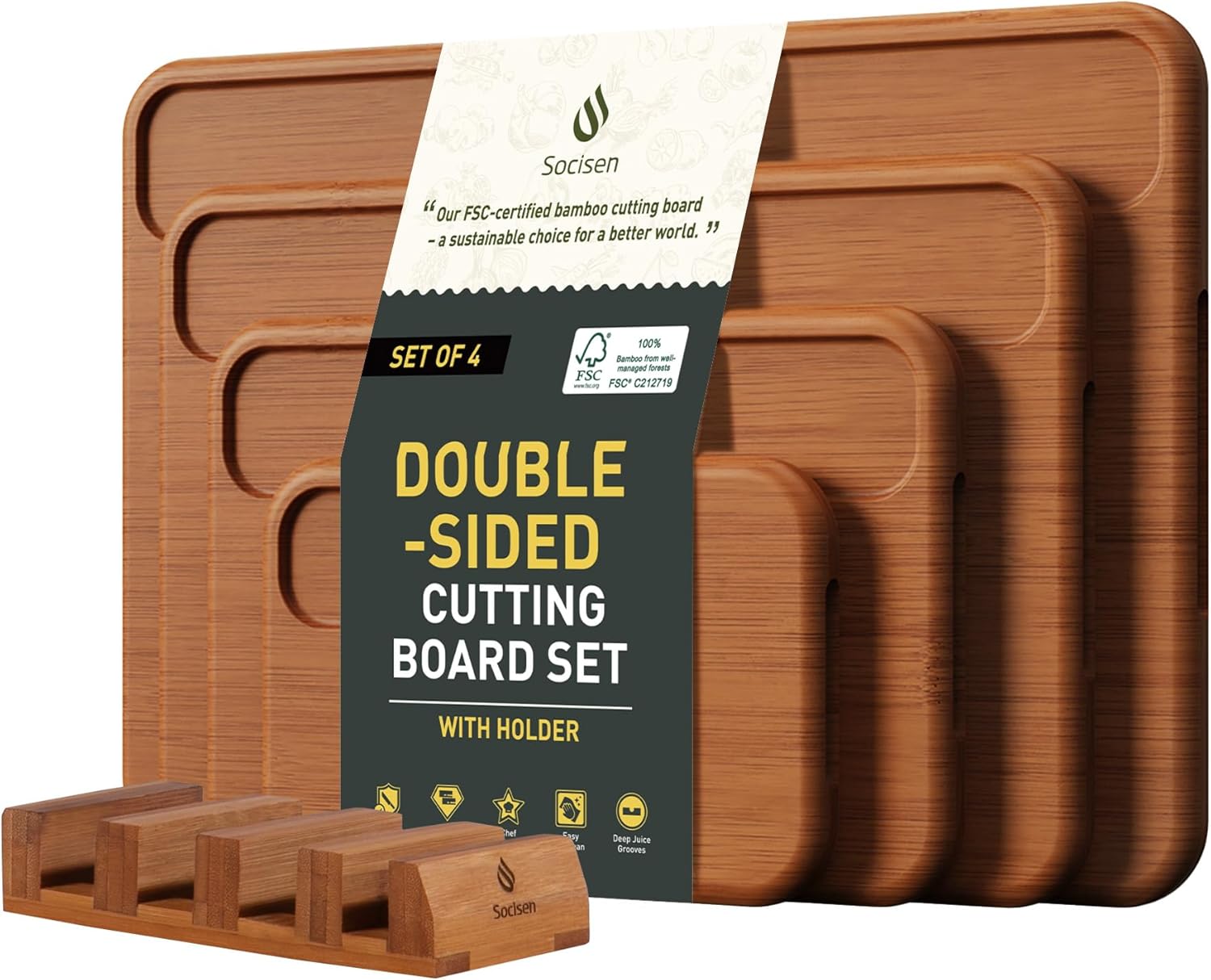 3 Packs Bamboo Cutting Board Set with Holder Nice Solid Thick Wood Deep Juice Groove & Built-in Handles Chopping Board Large Big Small Best Hardwood Kitchen Counter Organic Vegetable Meat BBQ Kit - Image 12