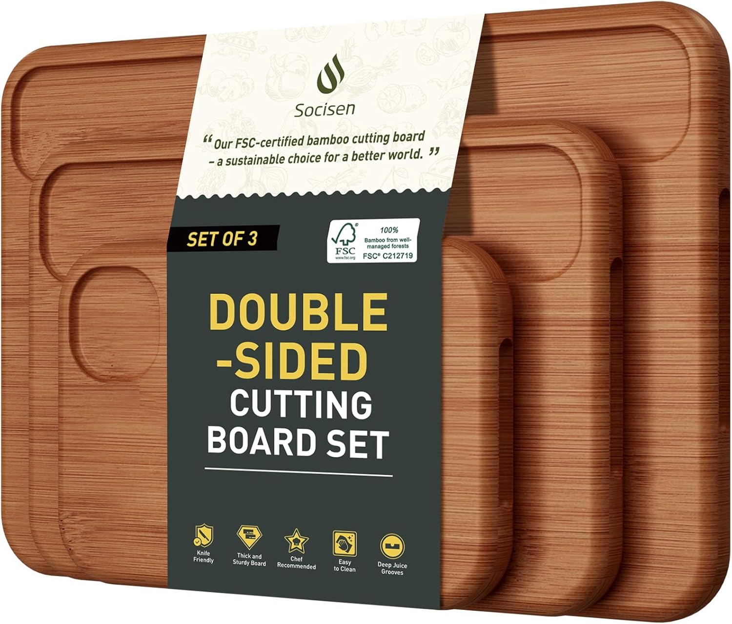 3 Packs Bamboo Cutting Board Set with Holder Nice Solid Thick Wood Deep Juice Groove & Built-in Handles Chopping Board Large Big Small Best Hardwood Kitchen Counter Organic Vegetable Meat BBQ Kit - Image 13