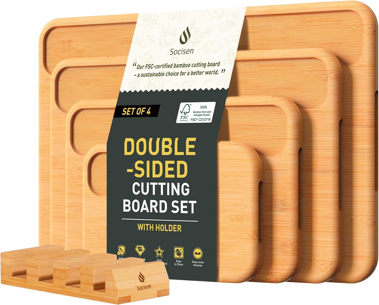 3 Packs Bamboo Cutting Board Set with Holder Nice Solid Thick Wood Deep Juice Groove & Built-in Handles Chopping Board Large Big Small Best Hardwood Kitchen Counter Organic Vegetable Meat BBQ Kit - Image 14