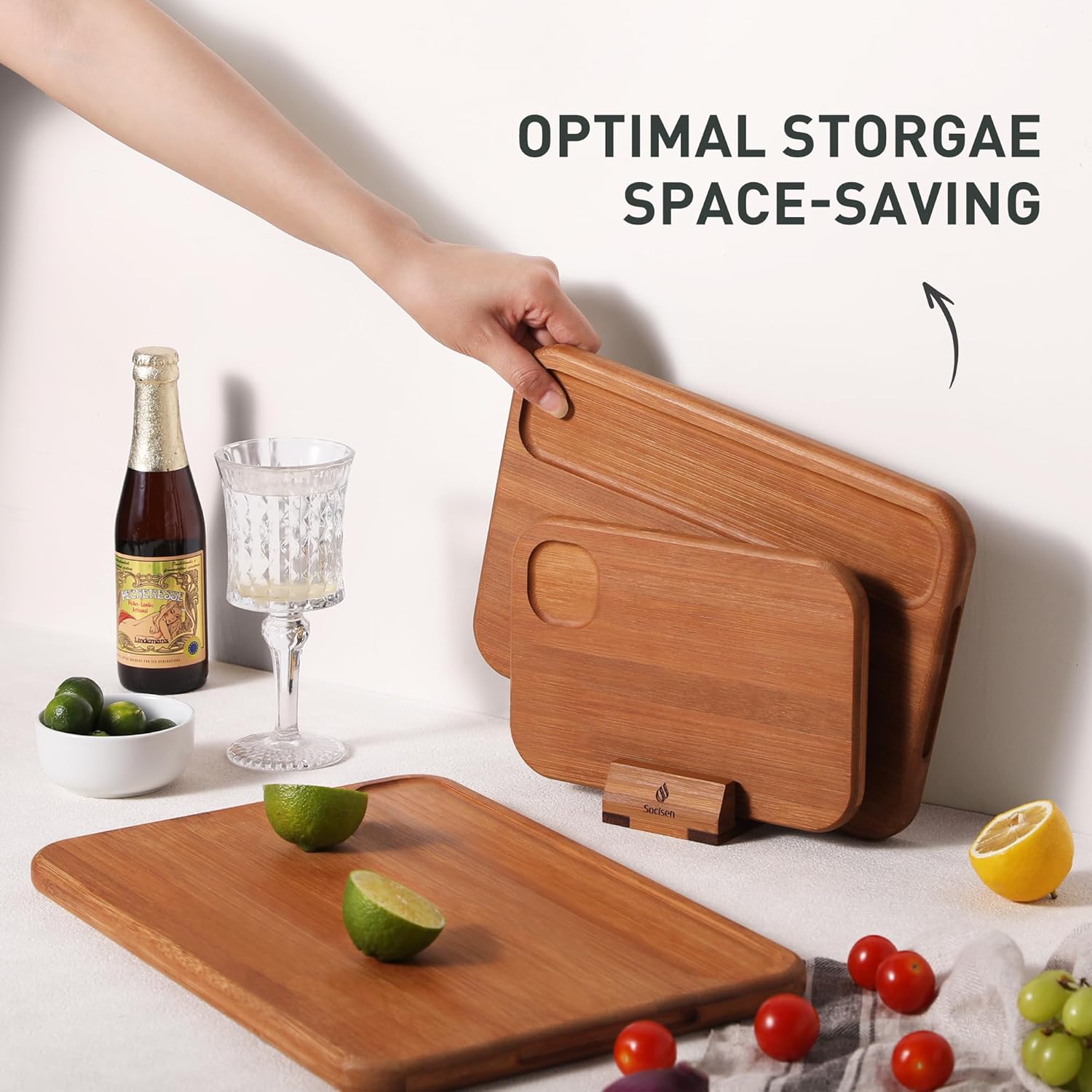 3 Packs Bamboo Cutting Board Set with Holder Nice Solid Thick Wood Deep Juice Groove & Built-in Handles Chopping Board Large Big Small Best Hardwood Kitchen Counter Organic Vegetable Meat BBQ Kit - Image 8