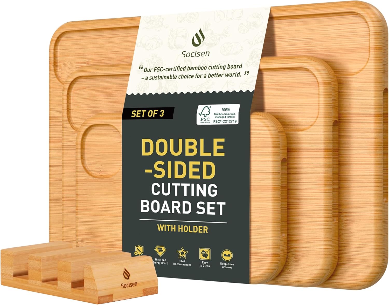 3 Packs Bamboo Cutting Board Set with Holder Nice Solid Thick Wood Deep Juice Groove & Built-in Handles Chopping Board Large Big Small Best Hardwood Kitchen Counter Organic Vegetable Meat BBQ Kit - Image 15