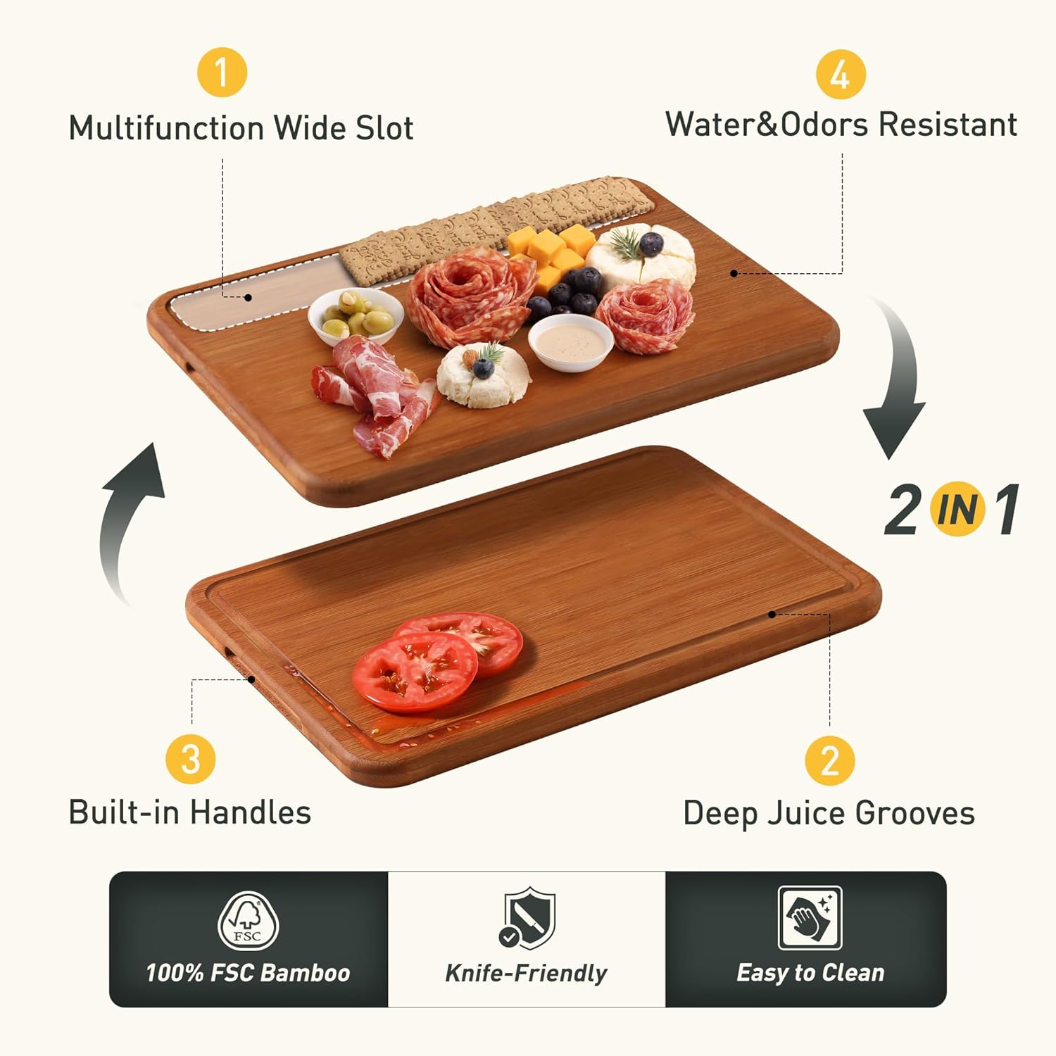 3 Packs Bamboo Cutting Board Set with Holder Nice Solid Thick Wood Deep Juice Groove & Built-in Handles Chopping Board Large Big Small Best Hardwood Kitchen Counter Organic Vegetable Meat BBQ Kit - Image 4