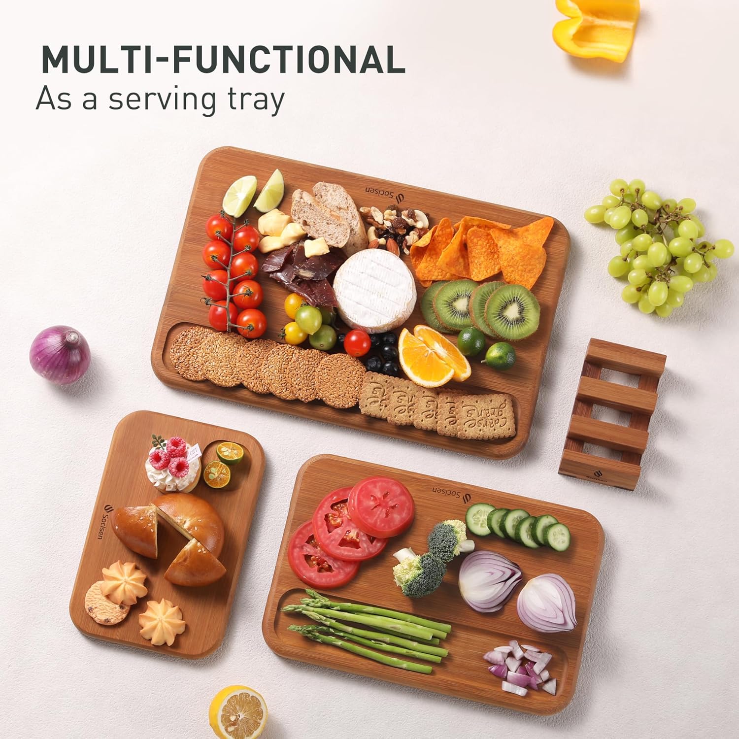 3 Packs Bamboo Cutting Board Set with Holder Nice Solid Thick Wood Deep Juice Groove & Built-in Handles Chopping Board Large Big Small Best Hardwood Kitchen Counter Organic Vegetable Meat BBQ Kit - Image 7