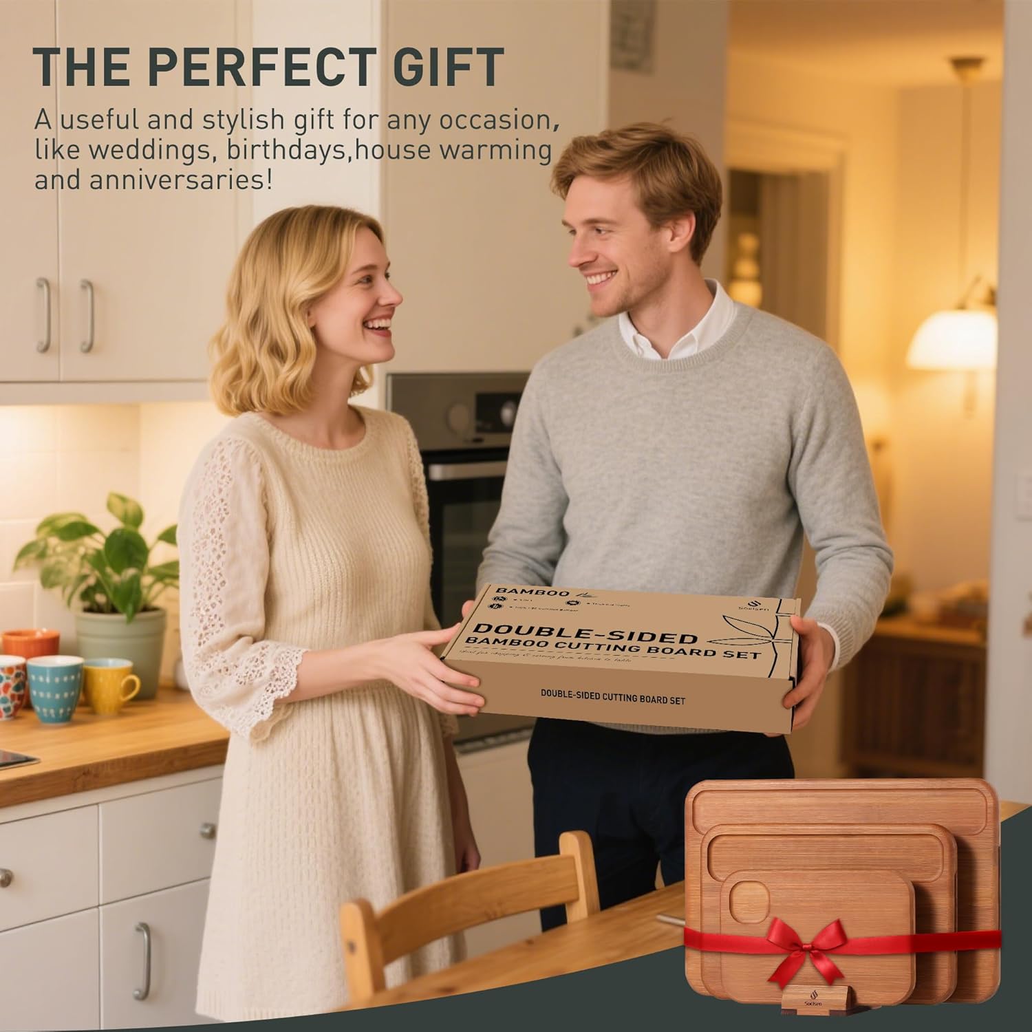 3 Packs Bamboo Cutting Board Set with Holder Nice Solid Thick Wood Deep Juice Groove & Built-in Handles Chopping Board Large Big Small Best Hardwood Kitchen Counter Organic Vegetable Meat BBQ Kit - Image 6