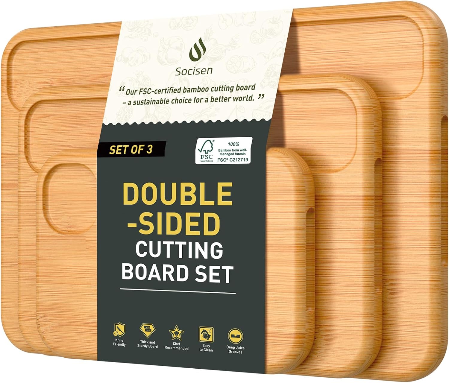 3 Packs Bamboo Cutting Board Set with Holder Nice Solid Thick Wood Deep Juice Groove & Built-in Handles Chopping Board Large Big Small Best Hardwood Kitchen Counter Organic Vegetable Meat BBQ Kit - Image 11