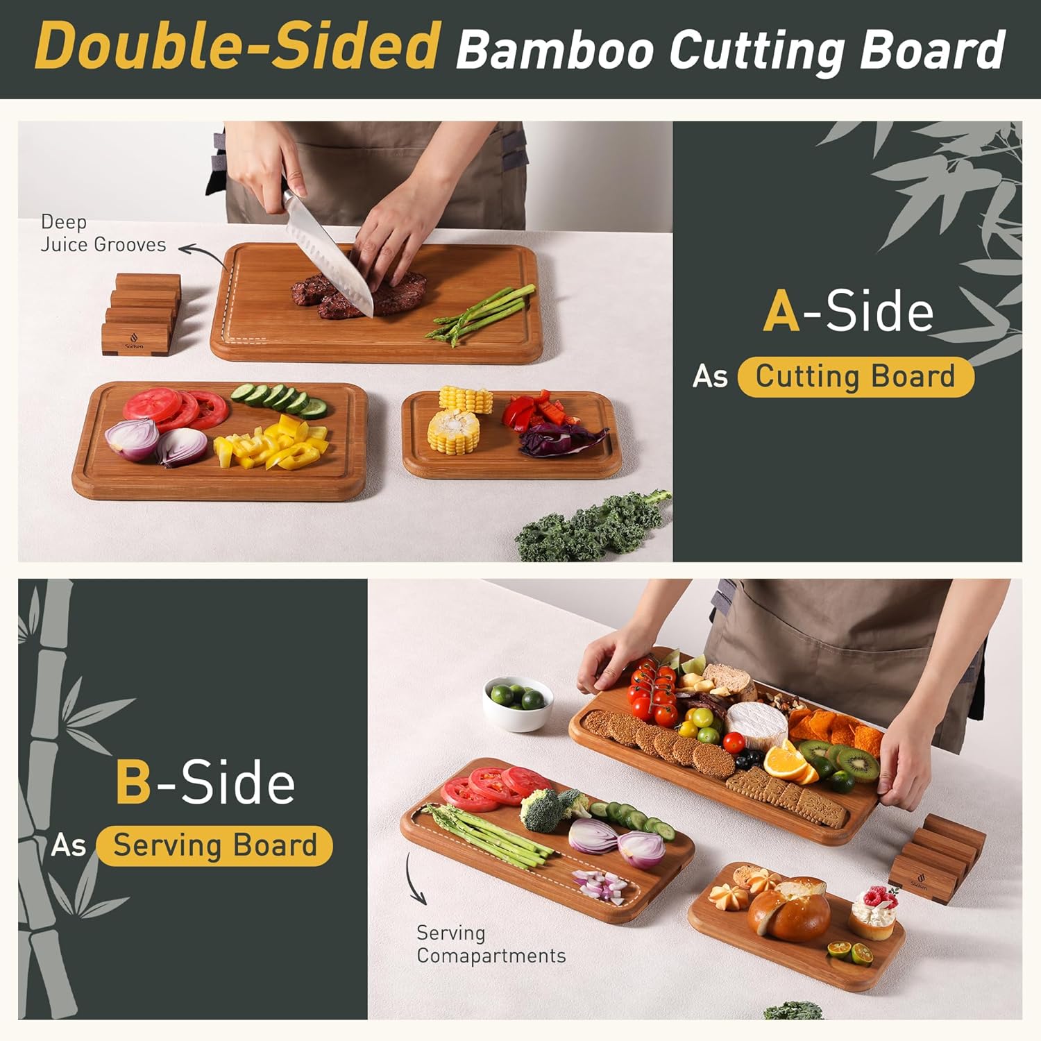 3 Packs Bamboo Cutting Board Set with Holder Nice Solid Thick Wood Deep Juice Groove & Built-in Handles Chopping Board Large Big Small Best Hardwood Kitchen Counter Organic Vegetable Meat BBQ Kit - Image 2