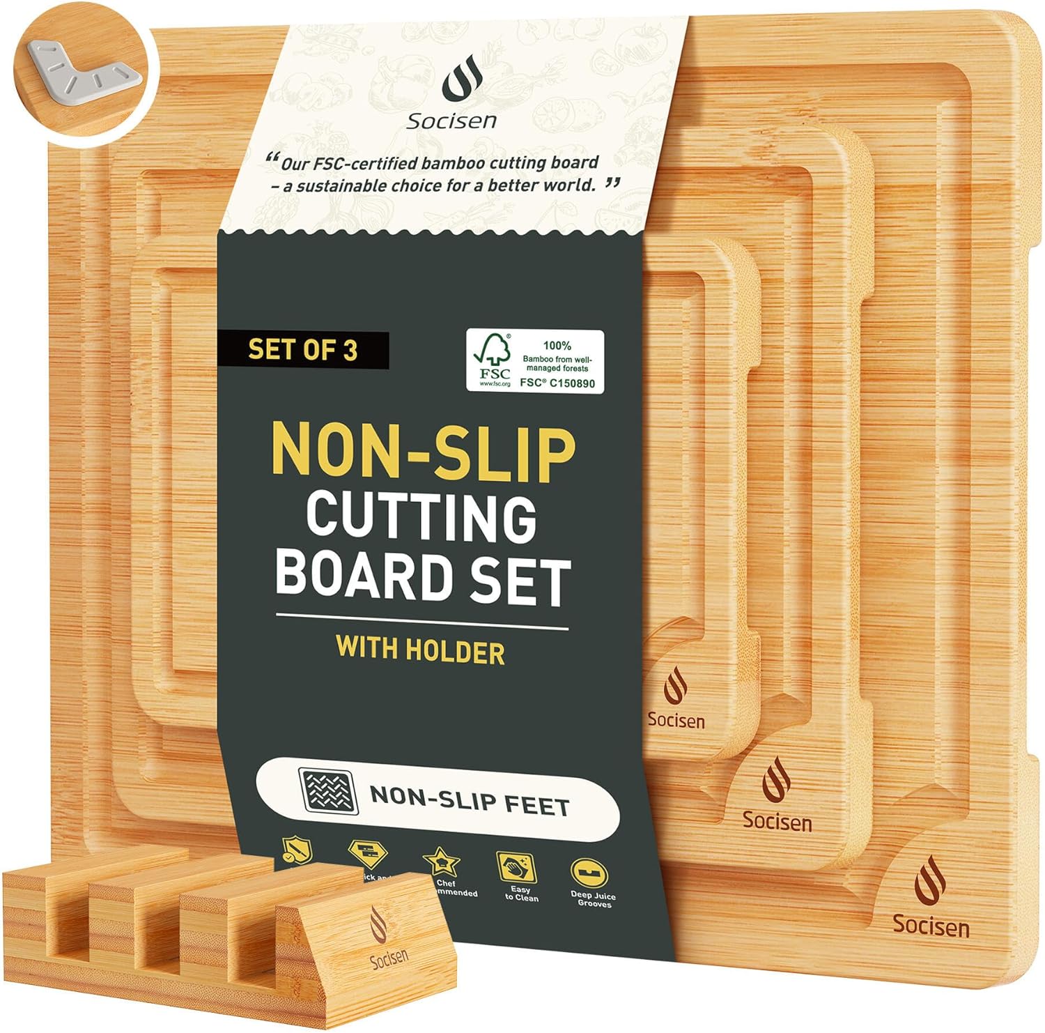 3 Packs Bamboo Cutting Board Set with Non Slip Feet Holder and Over Sink Nice Solid Thick Wood Juice Groove Chopping Board Extra Large Big Small Best Hardwood Kitchen Organic Vegetable Meat BBQ Kit - Image 19
