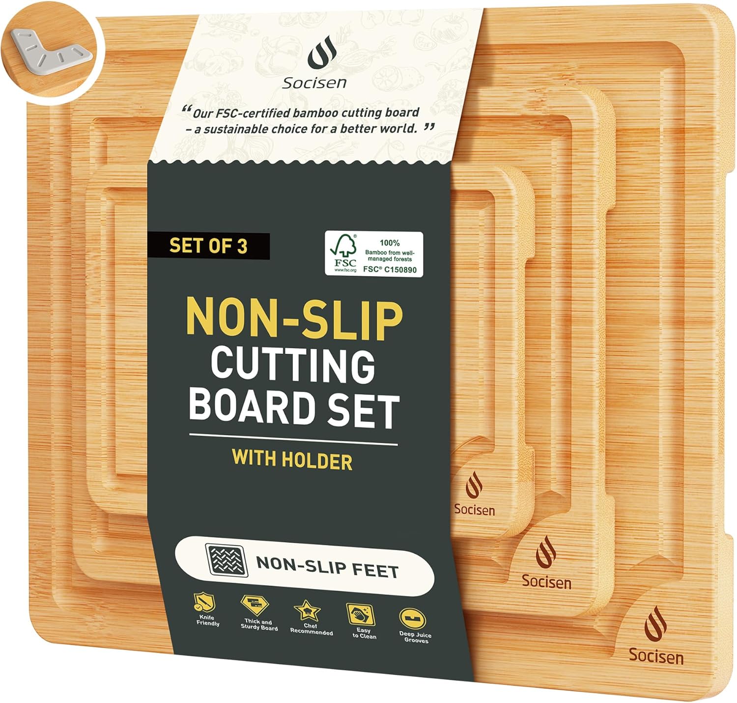 3 Packs Bamboo Cutting Board Set with Non Slip Feet Holder and Over Sink Nice Solid Thick Wood Juice Groove Chopping Board Extra Large Big Small Best Hardwood Kitchen Organic Vegetable Meat BBQ Kit - Image 14
