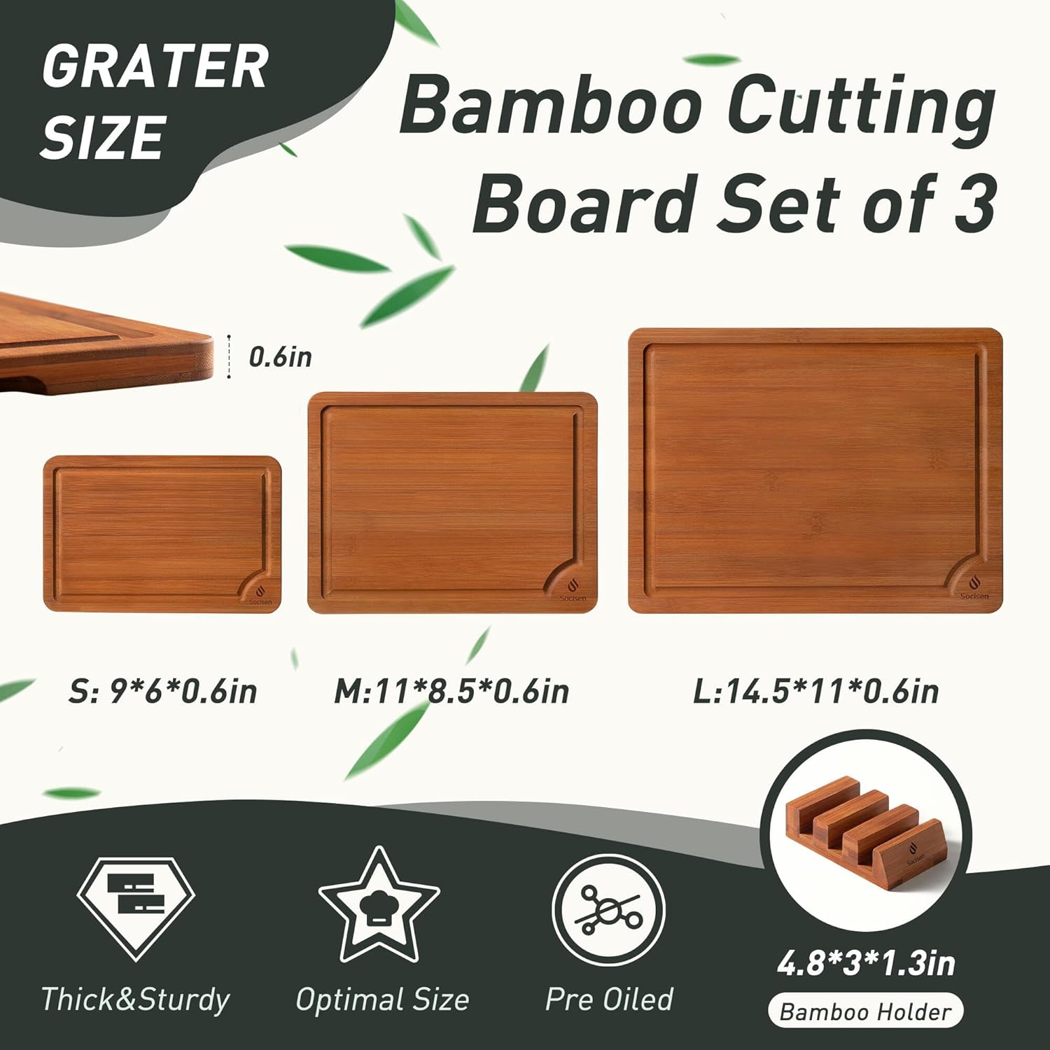 3 Packs Bamboo Cutting Board Set with Non Slip Feet Holder and Over Sink Nice Solid Thick Wood Juice Groove Chopping Board Extra Large Big Small Best Hardwood Kitchen Organic Vegetable Meat BBQ Kit - Image 3