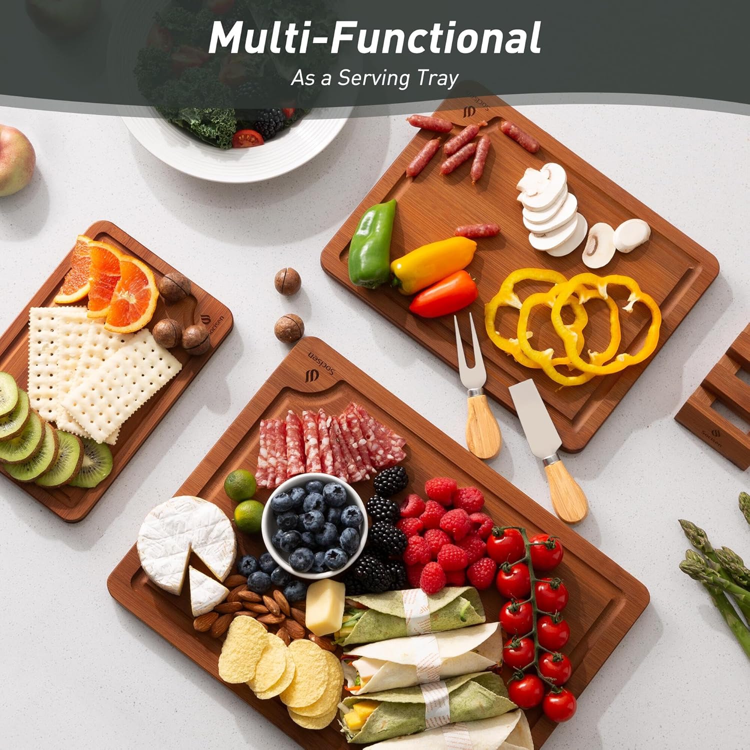 3 Packs Bamboo Cutting Board Set with Non Slip Feet Holder and Over Sink Nice Solid Thick Wood Juice Groove Chopping Board Extra Large Big Small Best Hardwood Kitchen Organic Vegetable Meat BBQ Kit - Image 2