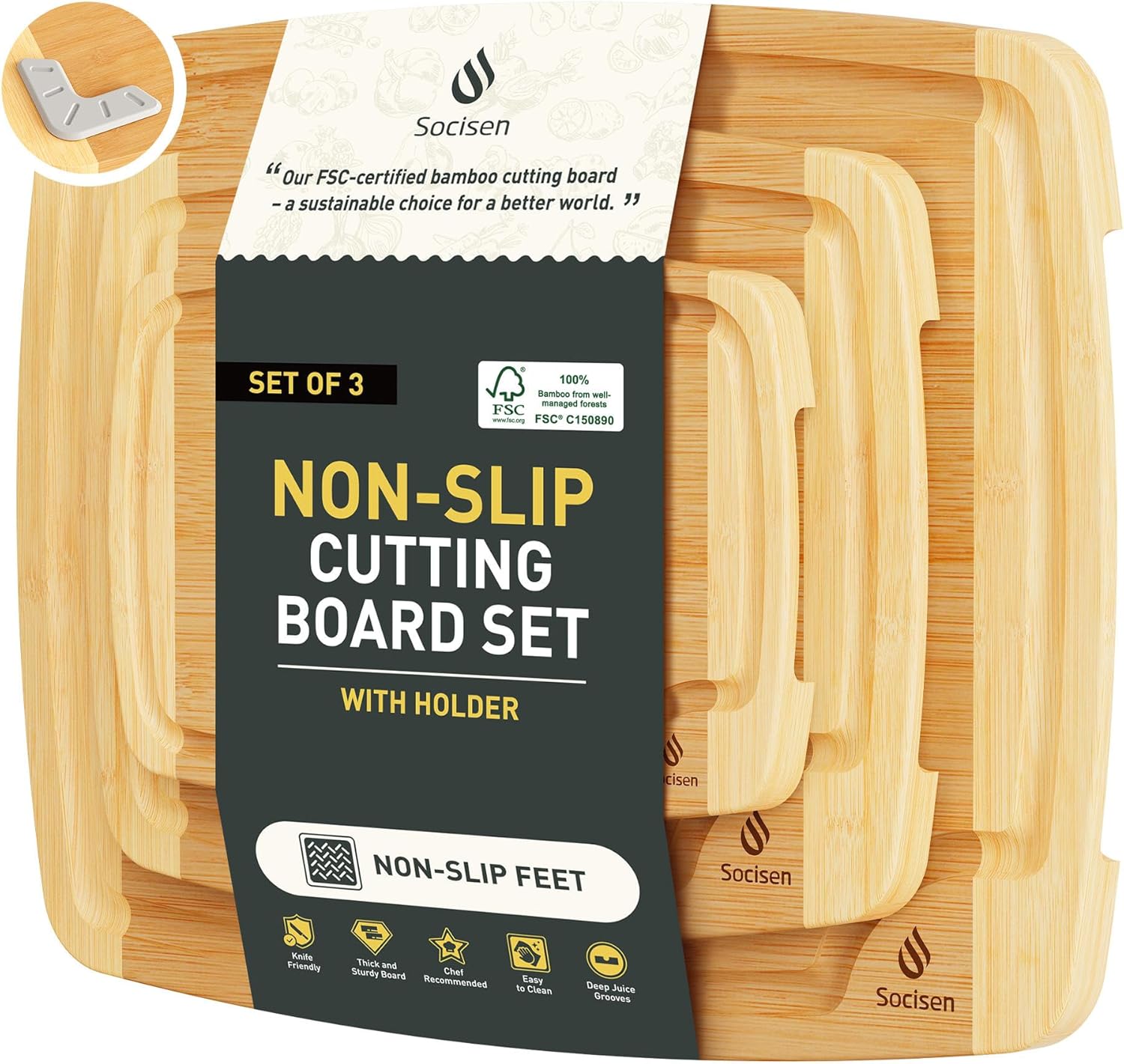 3 Packs Bamboo Cutting Board Set with Non Slip Feet Holder and Over Sink Nice Solid Thick Wood Juice Groove Chopping Board Extra Large Big Small Best Hardwood Kitchen Organic Vegetable Meat BBQ Kit - Image 11