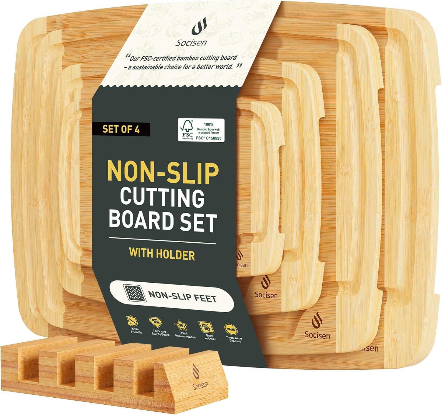 3 Packs Bamboo Cutting Board Set with Non Slip Feet Holder and Over Sink Nice Solid Thick Wood Juice Groove Chopping Board Extra Large Big Small Best Hardwood Kitchen Organic Vegetable Meat BBQ Kit - Image 9