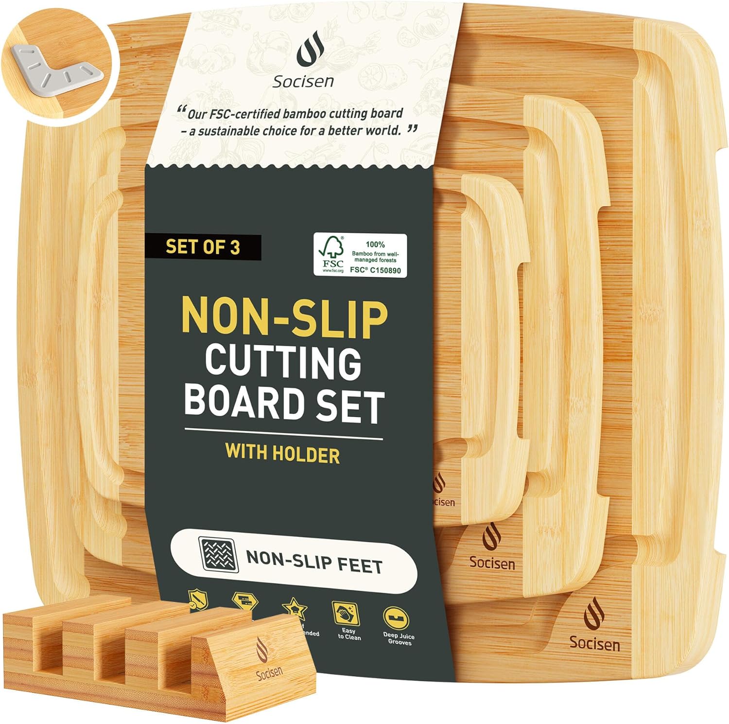 3 Packs Bamboo Cutting Board Set with Non Slip Feet Holder and Over Sink Nice Solid Thick Wood Juice Groove Chopping Board Extra Large Big Small Best Hardwood Kitchen Organic Vegetable Meat BBQ Kit - Image 17