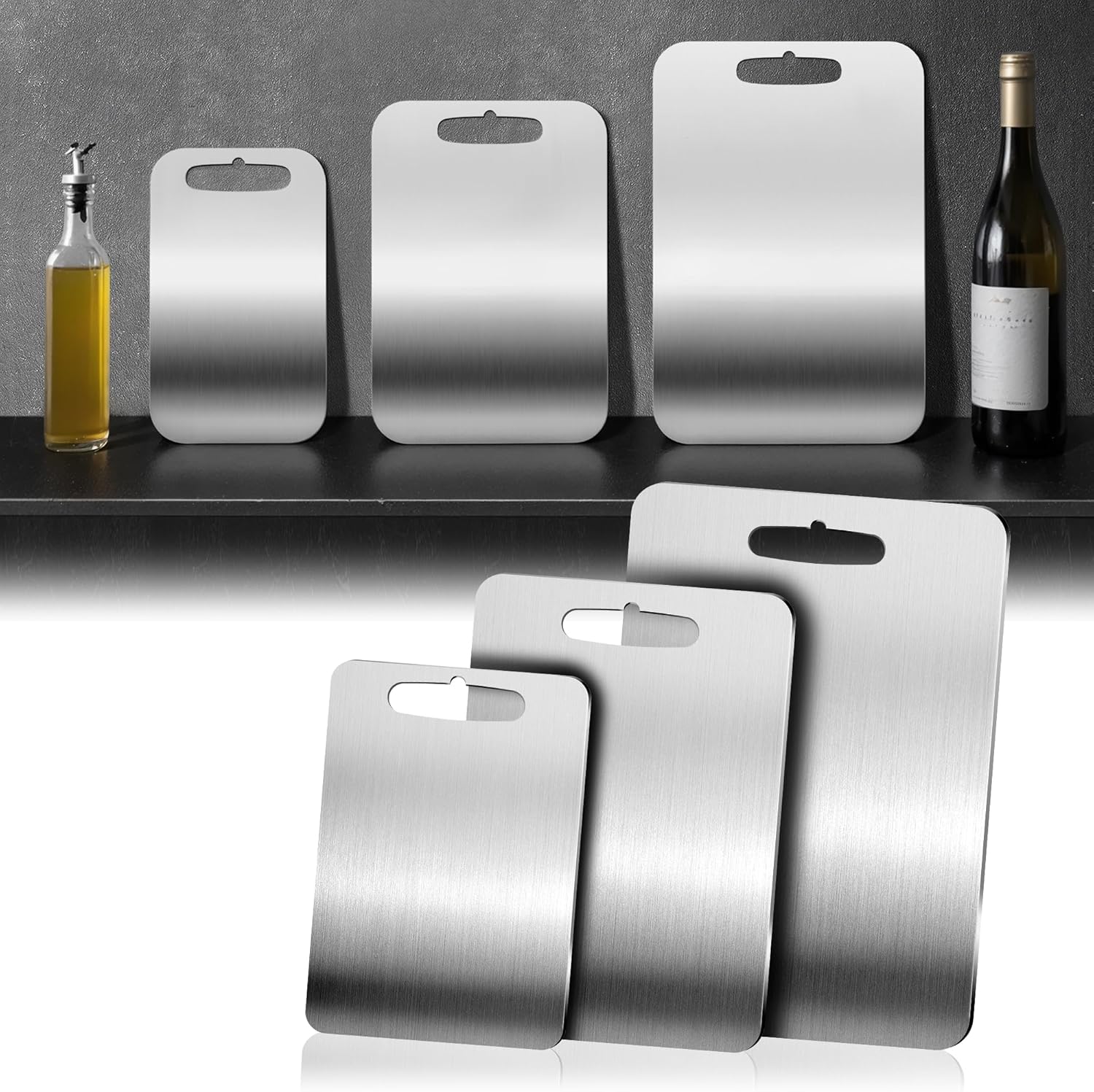 3 PCS 304 Stainless Steel Cutting Board For Kitchen, Meat Cutting Board, Edge Smoothing, Food Grade Stainless Steel, Easy To Clean, Kitchen Tool(S+M+L)