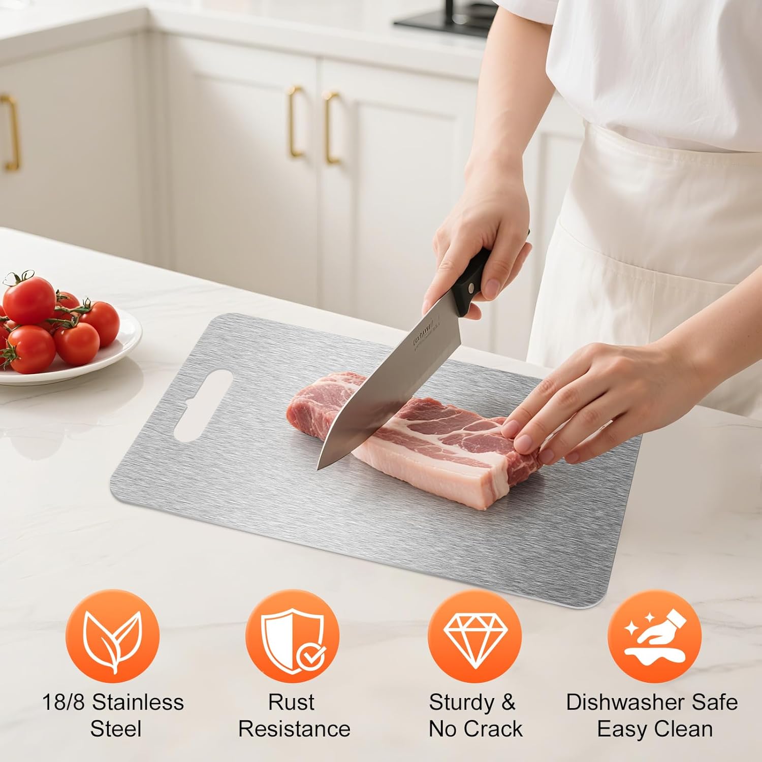 3Pcs Cutting Boards for Kitchen 304 Food Grade Stainless Steel, Large-Small Titanium Cutting Board for Cutting Fruit, Meat, Fish, Vegetables, Easy Grip Handle Easy Cleaning Dishwasher Safe - Image 7