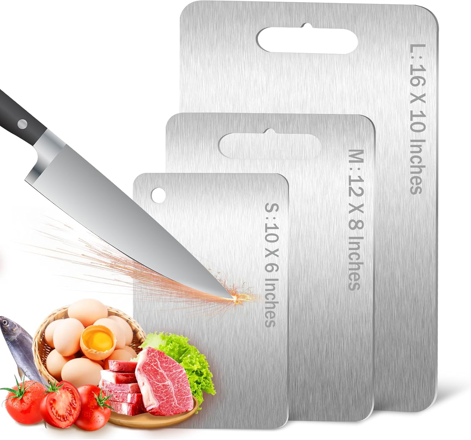 3Pcs Cutting Boards for Kitchen 304 Food Grade Stainless Steel, Large-Small Titanium Cutting Board for Cutting Fruit, Meat, Fish, Vegetables, Easy Grip Handle Easy Cleaning Dishwasher Safe