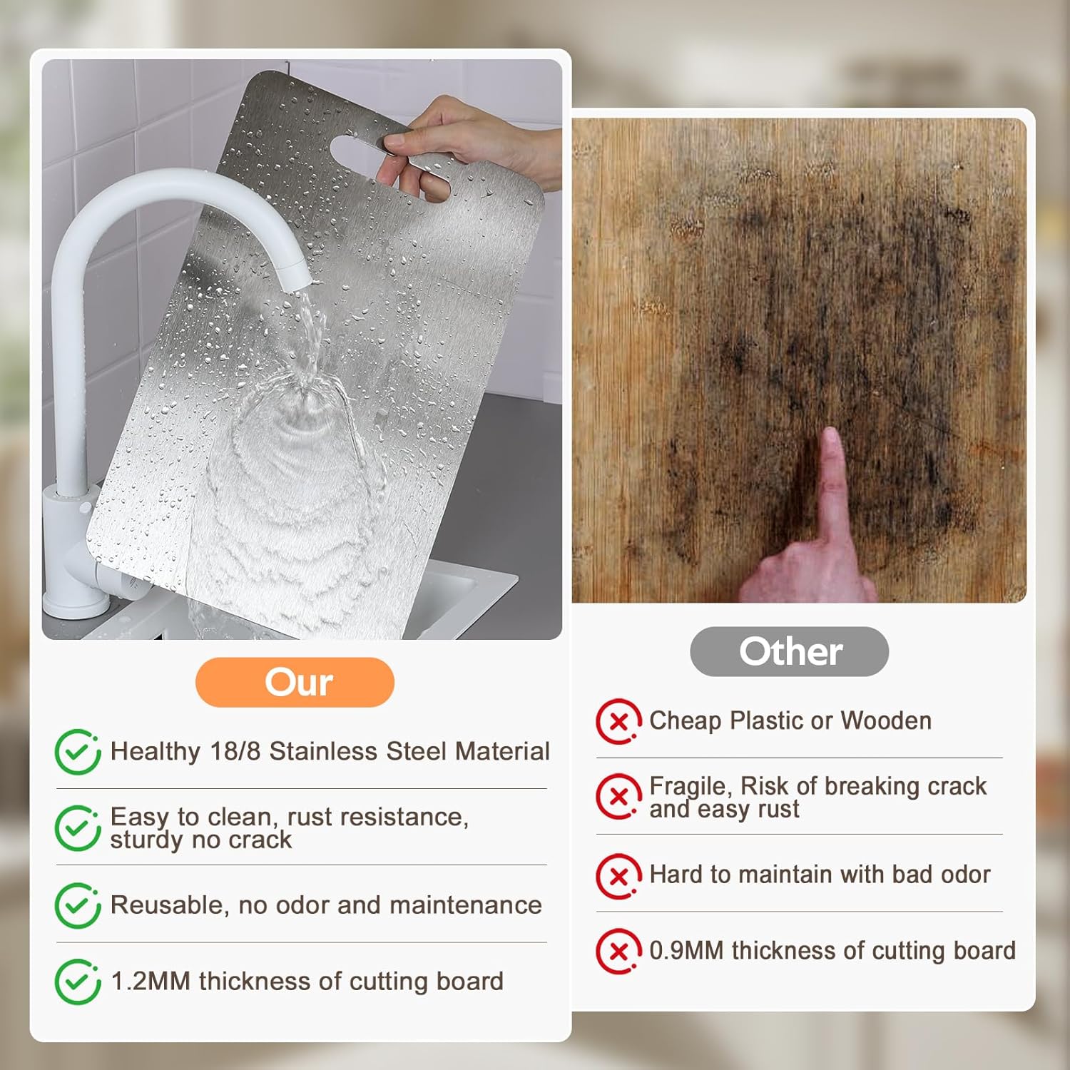 3Pcs Cutting Boards for Kitchen 304 Food Grade Stainless Steel, Large-Small Titanium Cutting Board for Cutting Fruit, Meat, Fish, Vegetables, Easy Grip Handle Easy Cleaning Dishwasher Safe - Image 4