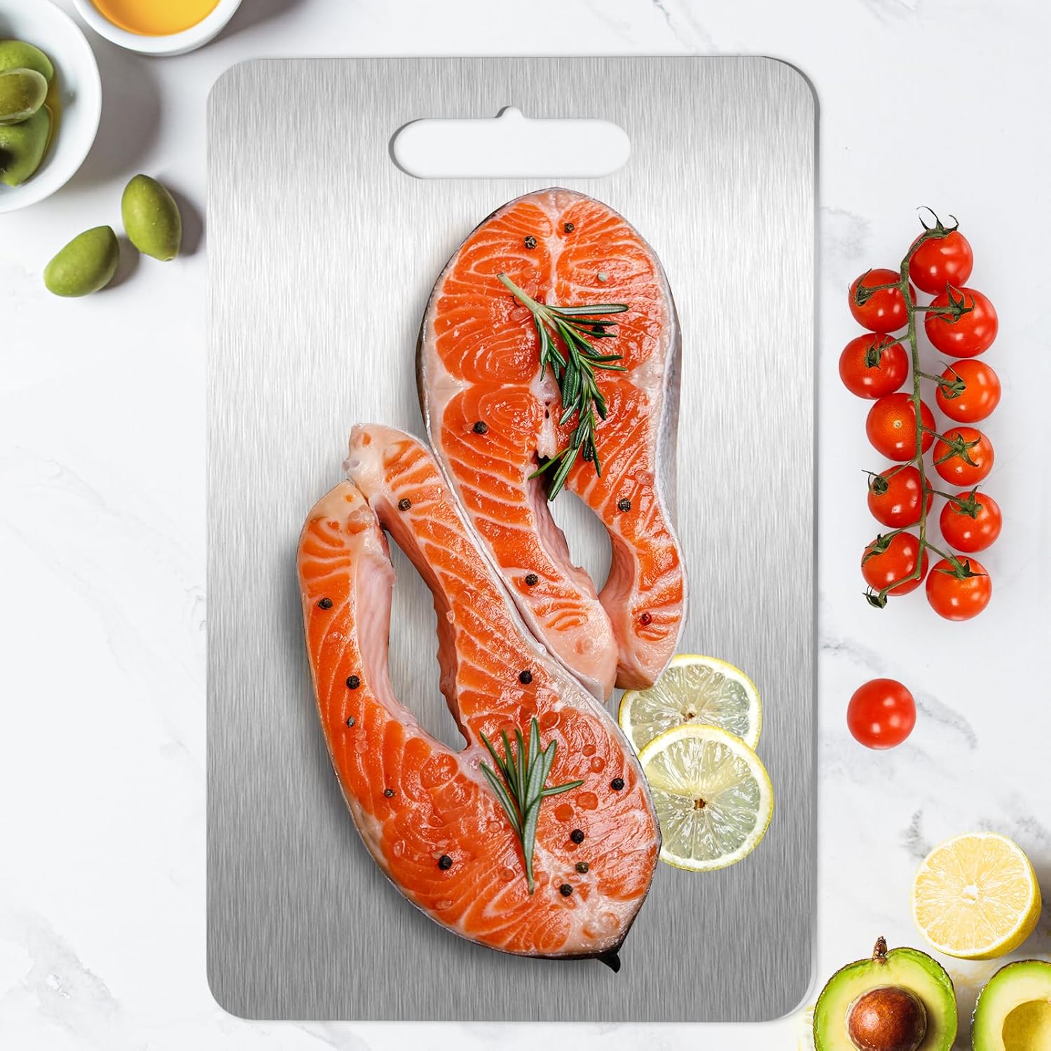3Pcs Cutting Boards for Kitchen 304 Food Grade Stainless Steel, Large-Small Titanium Cutting Board for Cutting Fruit, Meat, Fish, Vegetables, Easy Grip Handle Easy Cleaning Dishwasher Safe - Image 2