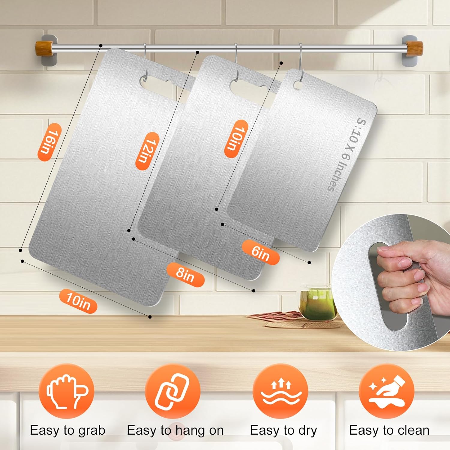 3Pcs Cutting Boards for Kitchen 304 Food Grade Stainless Steel, Large-Small Titanium Cutting Board for Cutting Fruit, Meat, Fish, Vegetables, Easy Grip Handle Easy Cleaning Dishwasher Safe - Image 3