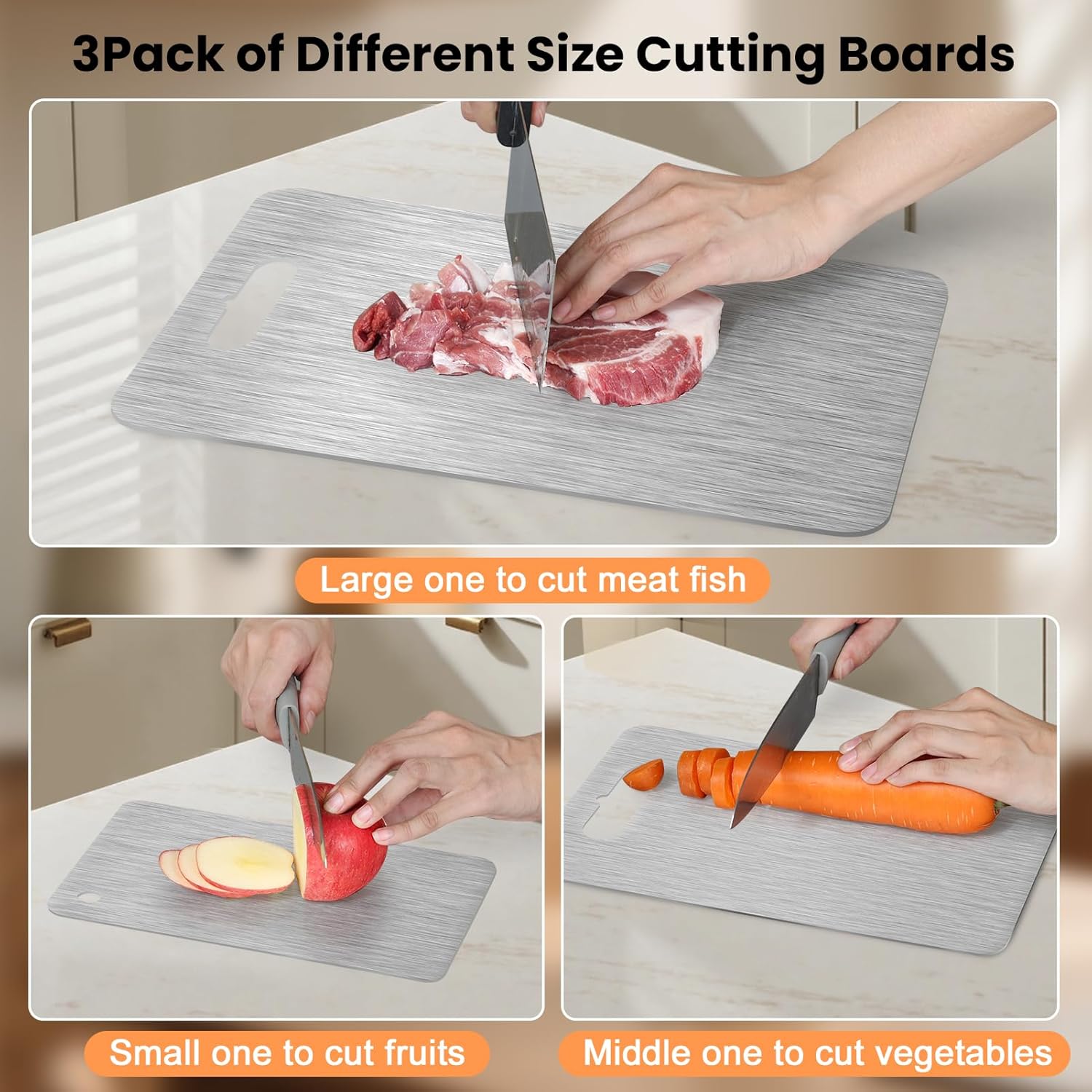 3Pcs Cutting Boards for Kitchen 304 Food Grade Stainless Steel, Large-Small Titanium Cutting Board for Cutting Fruit, Meat, Fish, Vegetables, Easy Grip Handle Easy Cleaning Dishwasher Safe - Image 5
