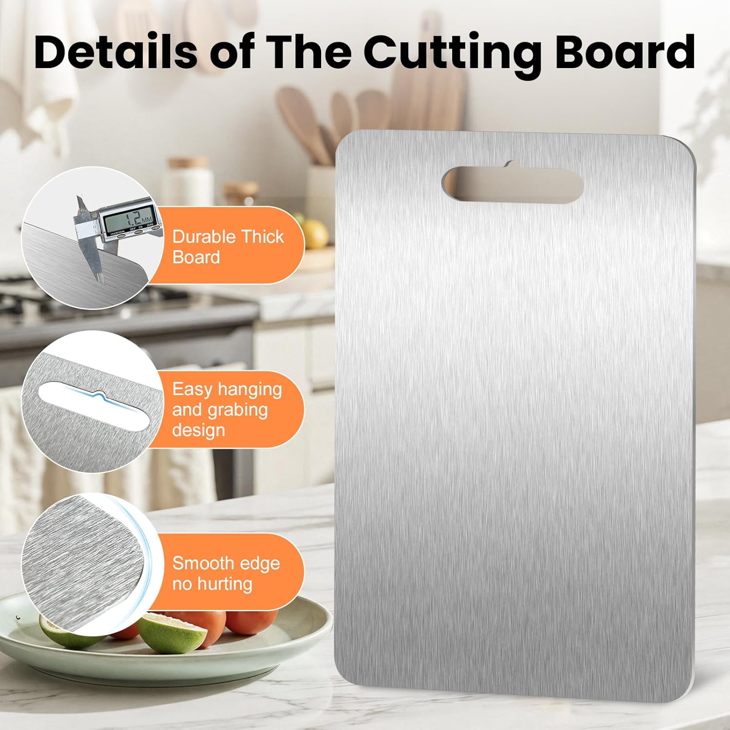 3Pcs Cutting Boards for Kitchen 304 Food Grade Stainless Steel, Large-Small Titanium Cutting Board for Cutting Fruit, Meat, Fish, Vegetables, Easy Grip Handle Easy Cleaning Dishwasher Safe - Image 6