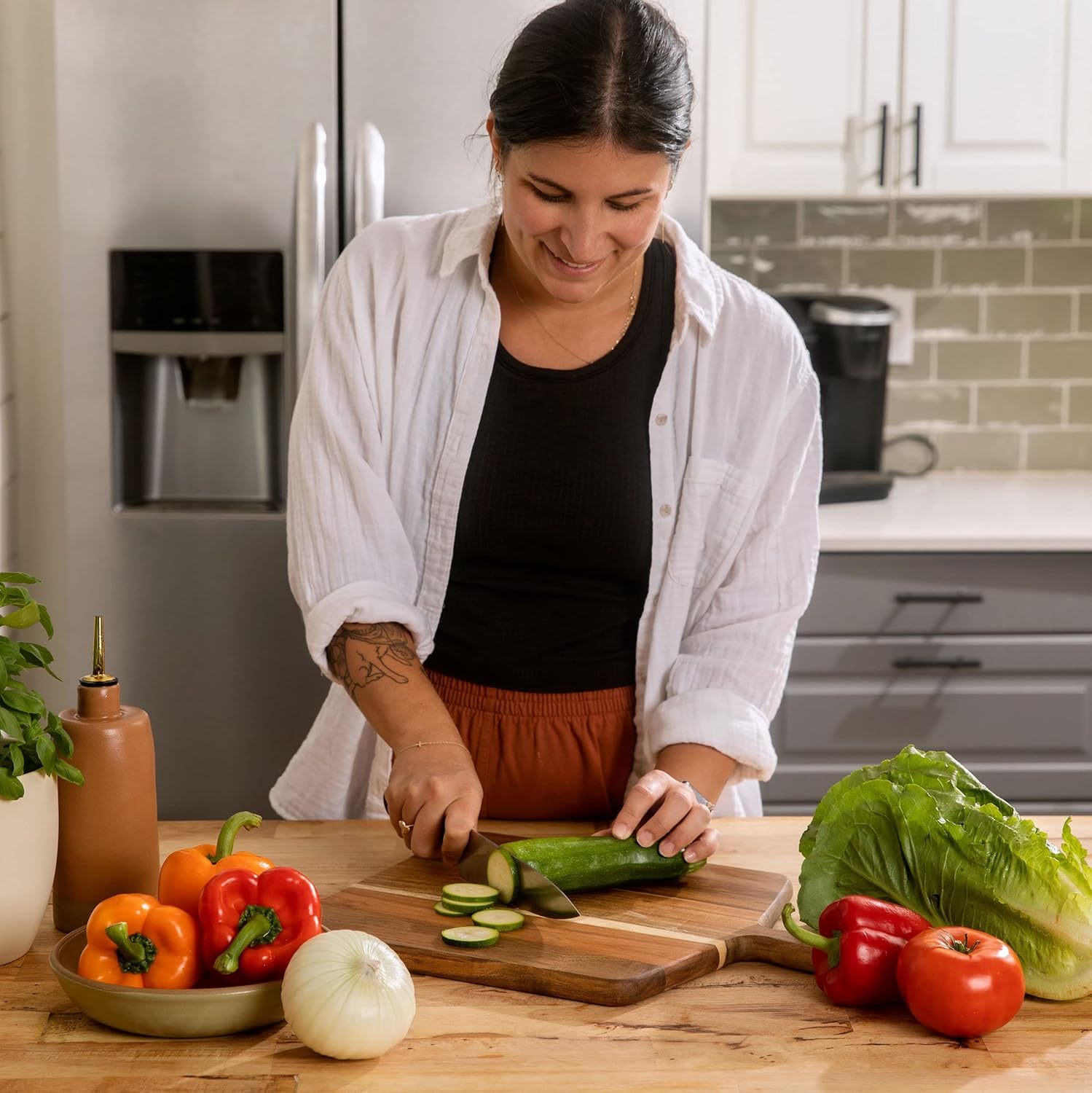 Acacia Wood Cutting Board and Chopping Board with Handle for Meat, Cheese Board, Vegetables, Bread, and Charcuterie - Decorative Wooden Serving Board for Kitchen and Dining Room, Large 17" x 13" - Image 9