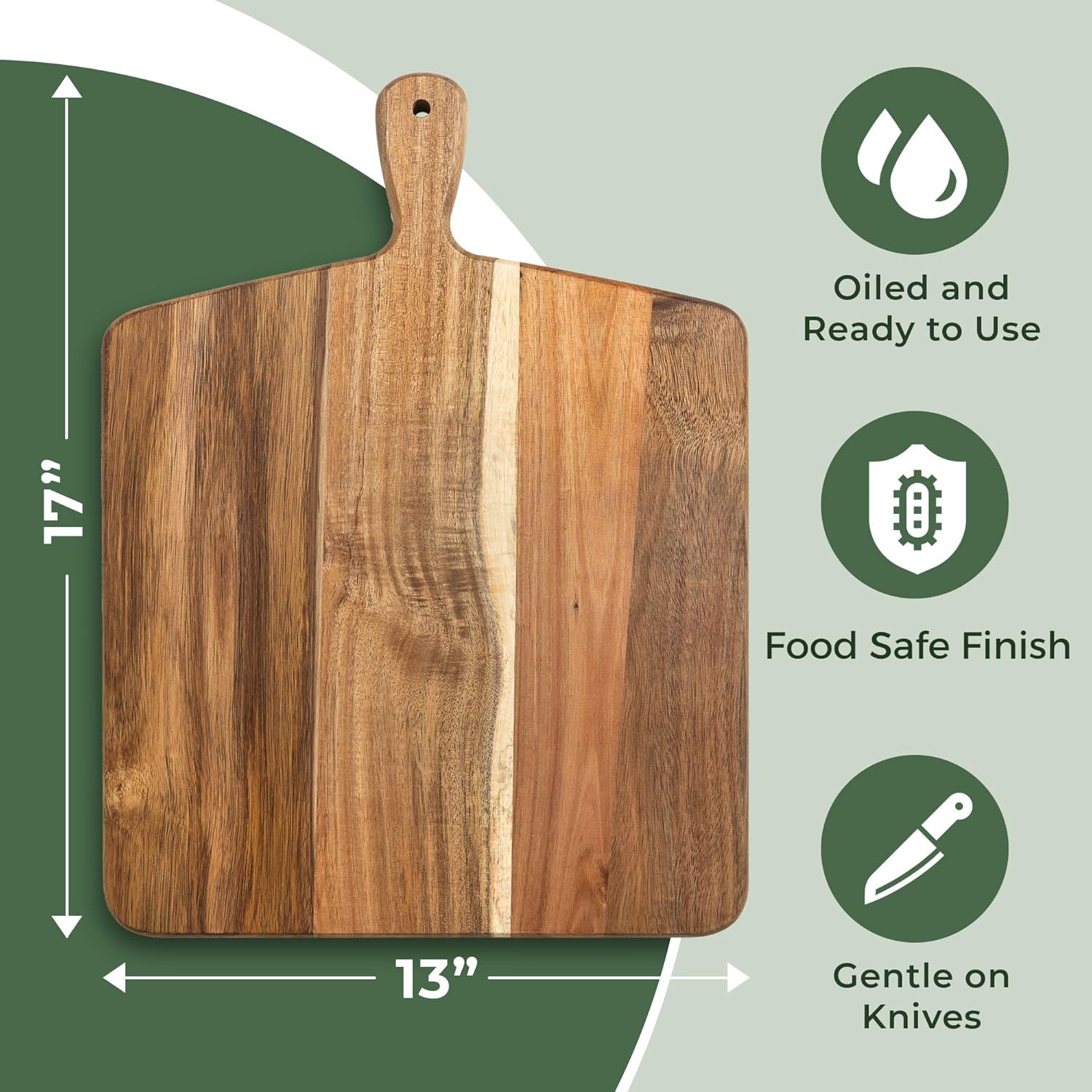 Acacia Wood Cutting Board and Chopping Board with Handle for Meat, Cheese Board, Vegetables, Bread, and Charcuterie - Decorative Wooden Serving Board for Kitchen and Dining Room, Large 17" x 13" - Image 3