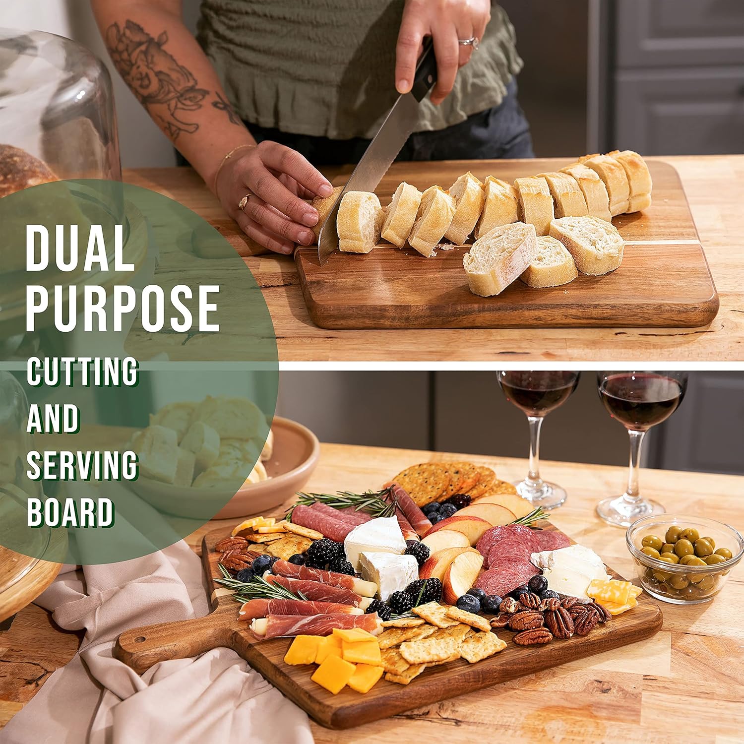 Acacia Wood Cutting Board and Chopping Board with Handle for Meat, Cheese Board, Vegetables, Bread, and Charcuterie - Decorative Wooden Serving Board for Kitchen and Dining Room, Large 17" x 13" - Image 4