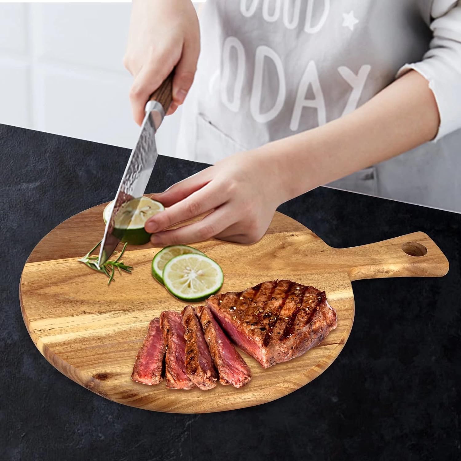 Acacia Wood Cutting Board with Handle Wooden Chopping Board Round Cutting Boards for Kitchen Decor Large Charcuterie Board Tray Teak Meat Cheese Board Bread Serving Platter Butcher Block Pizza Board - Image 5