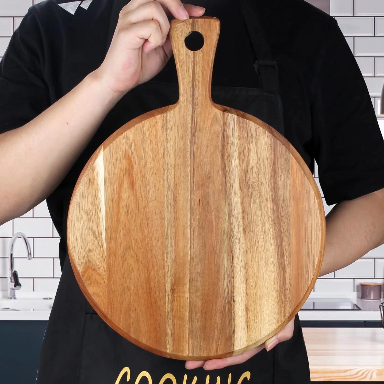 Acacia Wood Cutting Board with Handle Wooden Chopping Board Round Cutting Boards for Kitchen Decor Large Charcuterie Board Tray Teak Meat Cheese Board Bread Serving Platter Butcher Block Pizza Board - Image 2
