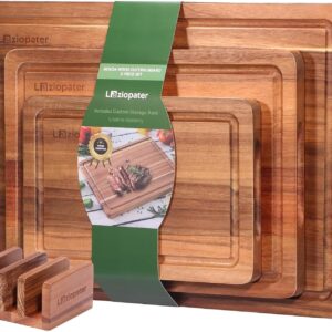 Acacia Wood Cutting Board，Solid Wood Cutting Board for Kitchen with Holder with Deep Juice Grooves & Built-in Handles, Durable Wooden Chopping Board Set of 3 for Meat, Vegetables and Fruits