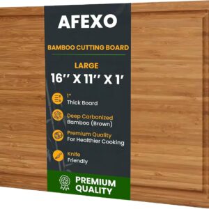 AFEXO Bamboo cutting board for kitchen. 1" Thick - Wooden cutting board with deep juice groove and side handles. Ideal Charcuterie & Chopping for Meat, Vegetables. Butcher block, Brown (16"x11"x1")