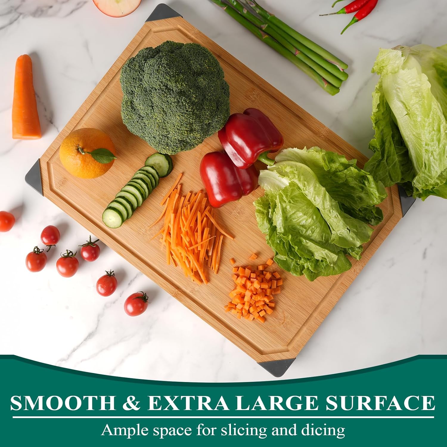 Bamboo Cutting Board, Empune Wood Cutting Boards for Kitchen with Non-slip Rubber Feet Wooden Chopping Board for Meat and Vegetables, XL - Image 7