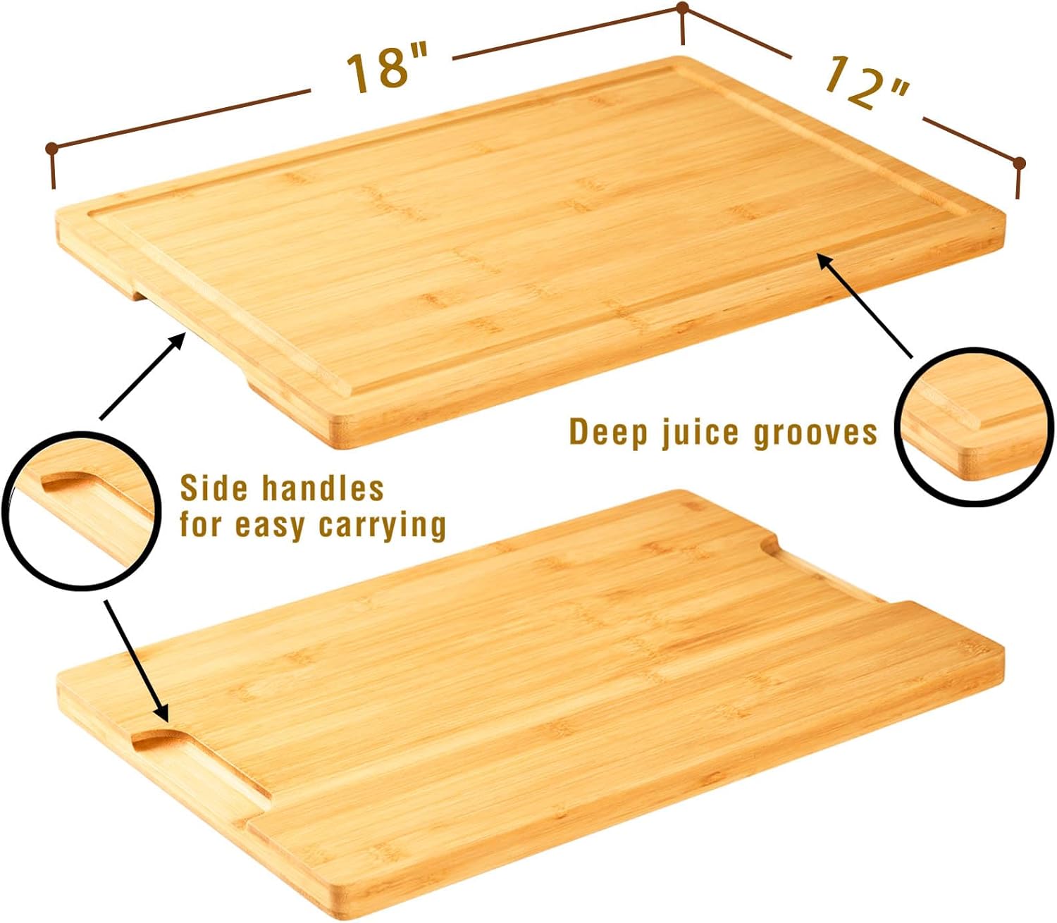 Bamboo Cutting Board for Kitchen, 18" Large Wood Charcuterie Cheese Board, Wooden Chopping Block with Side Handles and Juice Grooves - Image 3