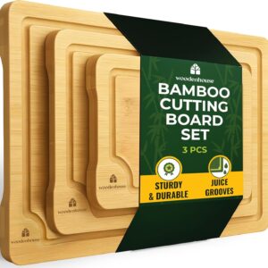 Bamboo Cutting Board Set of 3 - Thick & Durable Wood Cutting Boards with Deep Juice Grooves & Build-in Handles, Large Surface, Easy to Clean \u2013 for Meat, Vegetables and Fruits