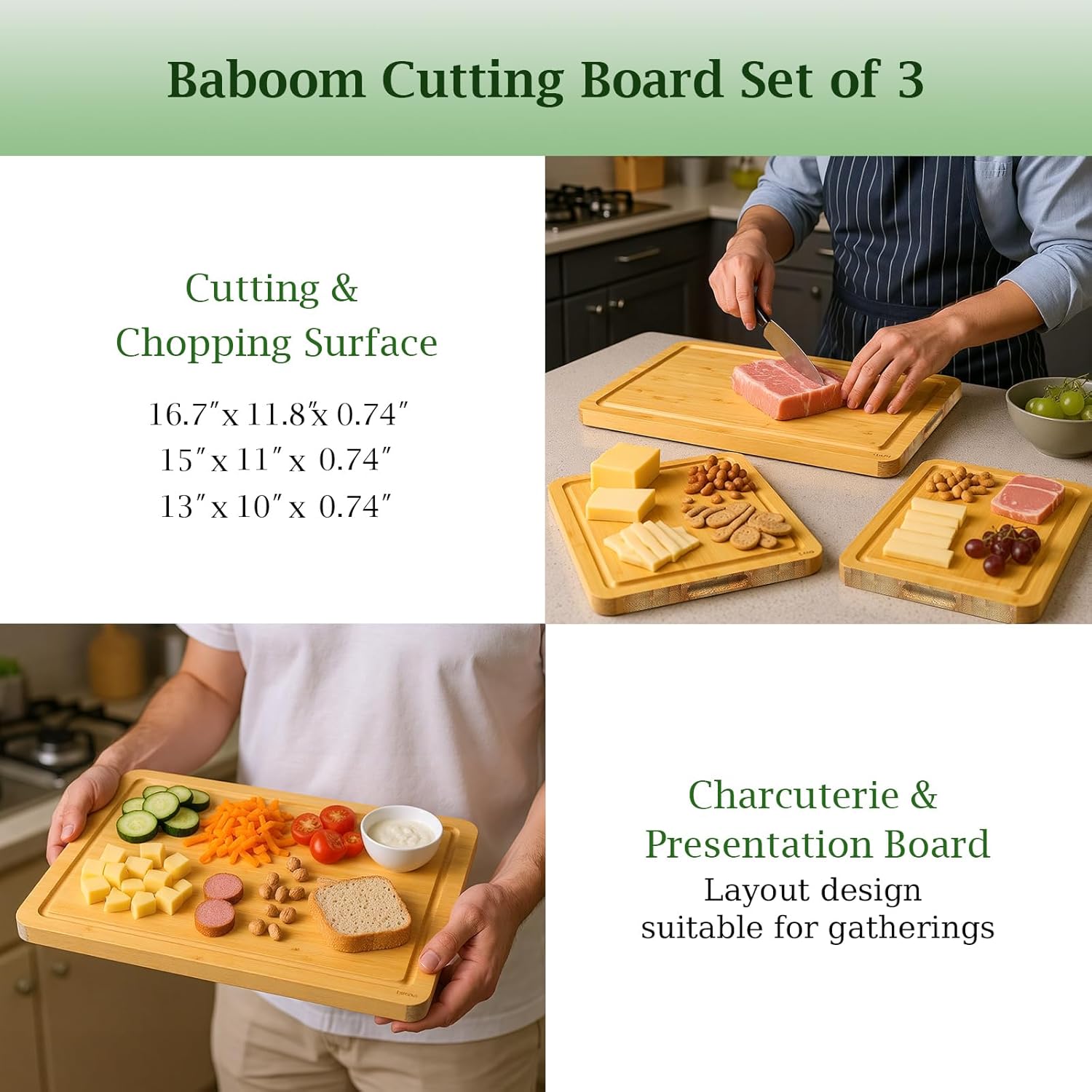 Bamboo Cutting Boards For Kitchen, Chopping Boards Set with Juice Groove, Charcuterie & Chopping Board, Wood Cutting Board Set, Kitchen Gadgets (3PCS) - Image 5