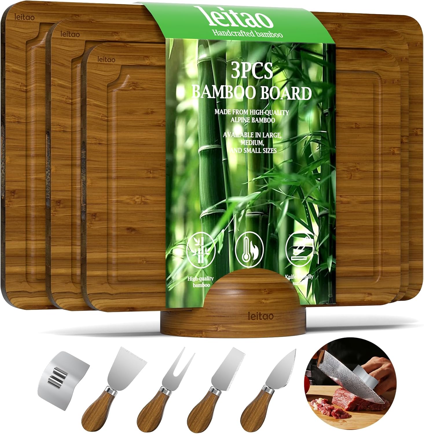 Bamboo Cutting Boards For Kitchen, Chopping Boards Set with Juice Groove, Charcuterie & Chopping Board, Wood Cutting Board Set, Kitchen Gadgets (3PCS) - Image 10
