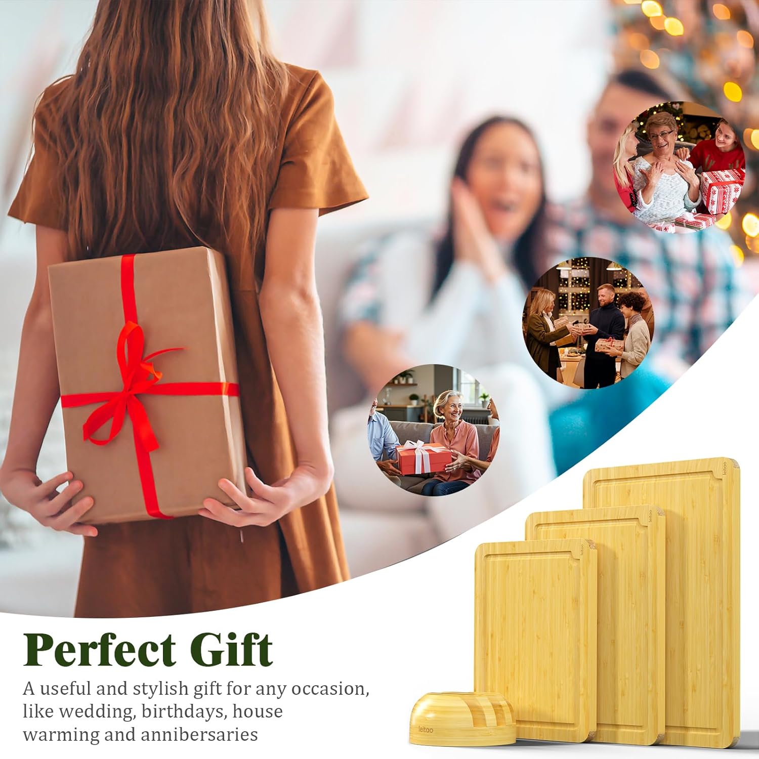 Bamboo Cutting Boards For Kitchen, Chopping Boards Set with Juice Groove, Charcuterie & Chopping Board, Wood Cutting Board Set, Kitchen Gadgets (3PCS) - Image 8